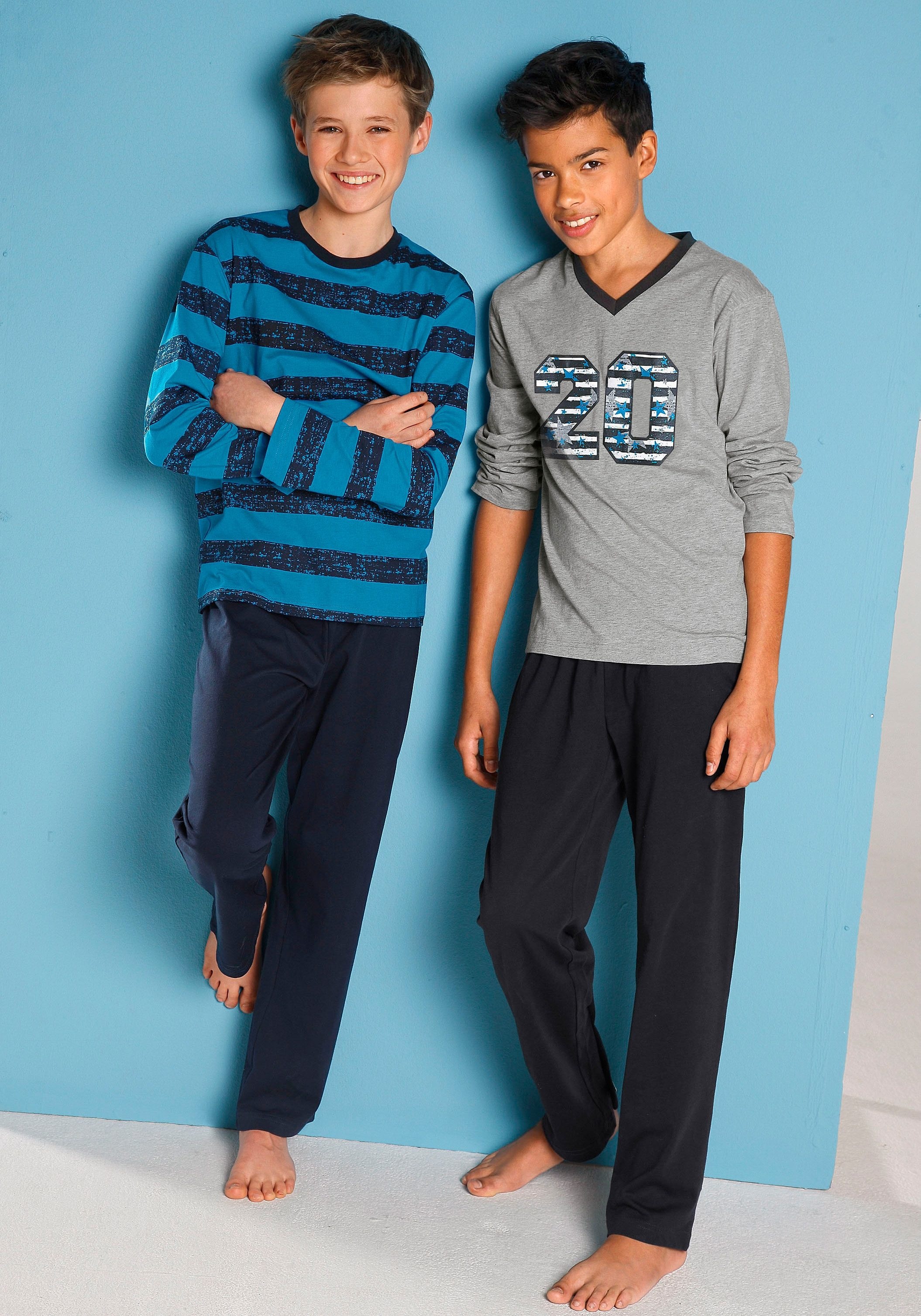 AUTHENTIC LE JOGGER Pyjama 4 tlg. langer Schlafanzug mit gestreiftem Druck, aus Baumwolle