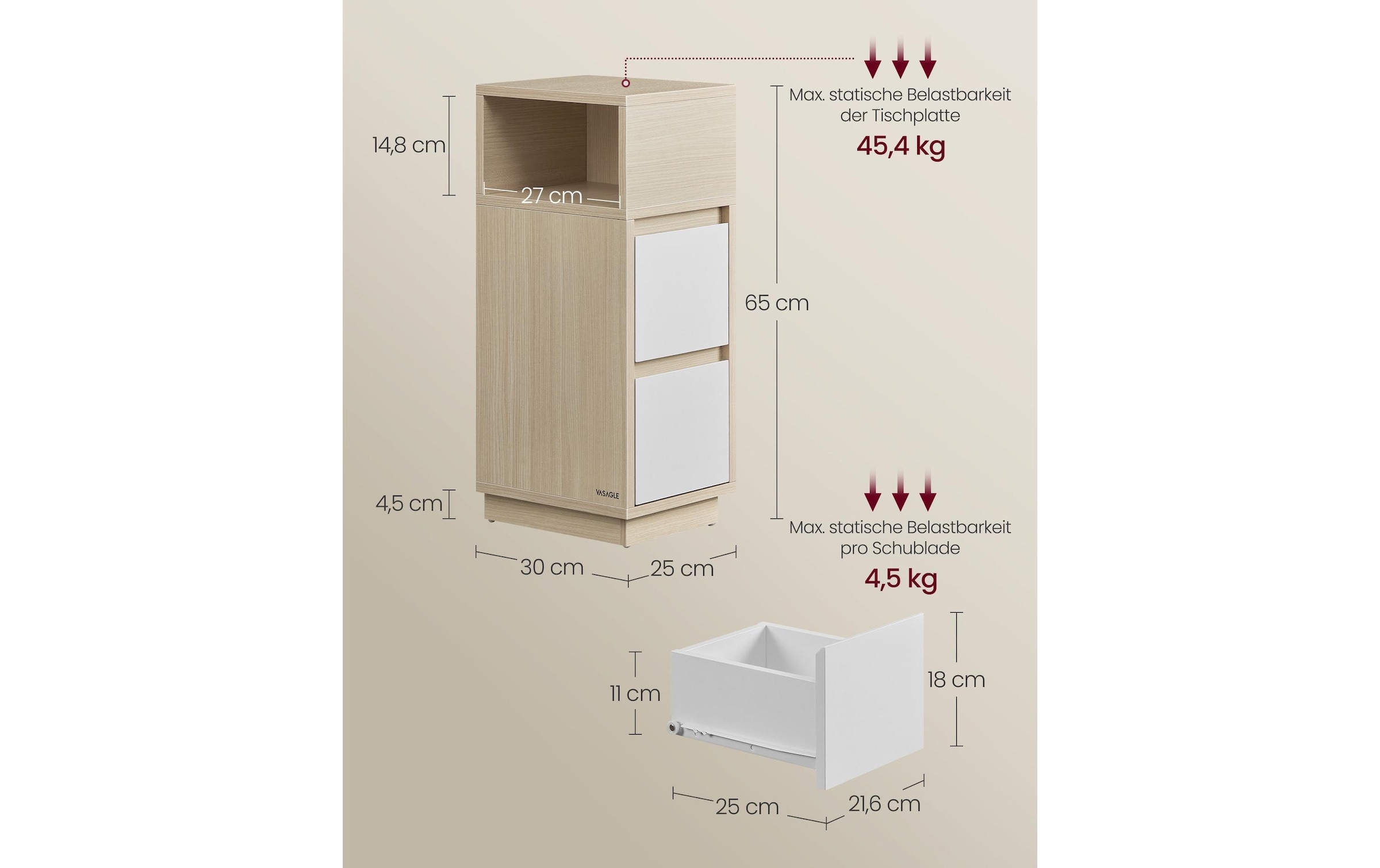 VASAGLE Nachttisch »2er Set 25 x 65 cm«