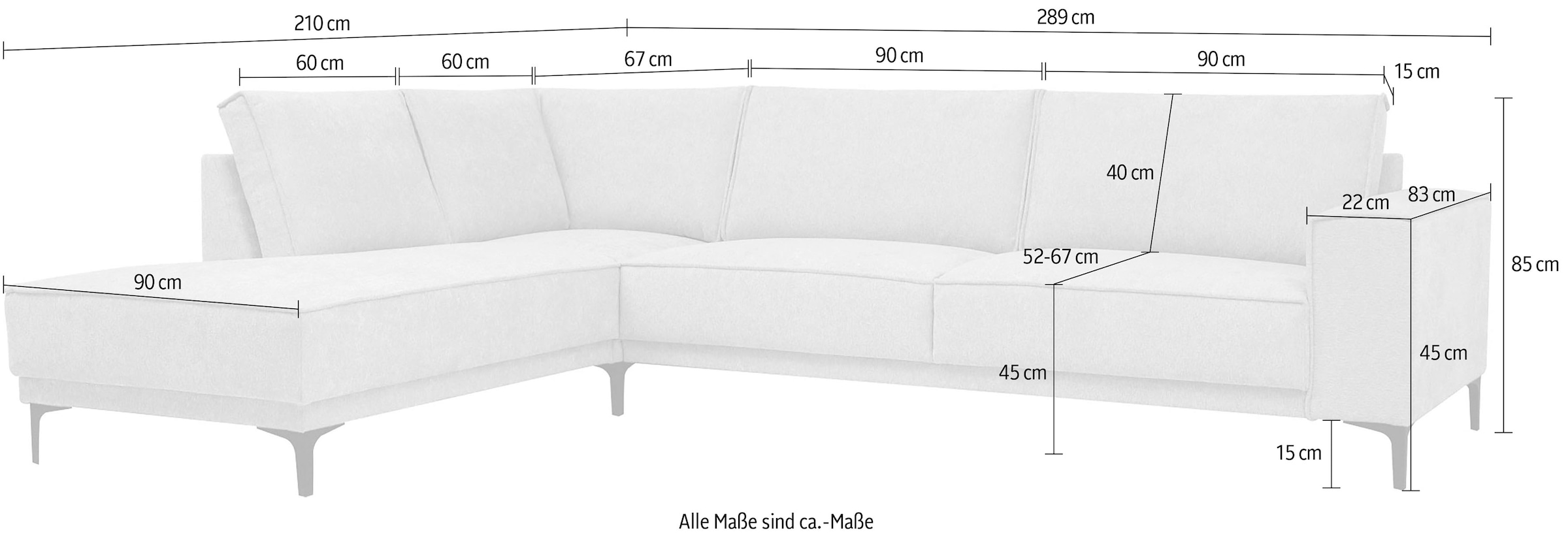 Places of Style Ecksofa »Polsterecke Oland, Struktur, Flachgewebe, Luxus-Microfaser, Boucle«, L-Form, 289 cm, Wellenunterfederung, Skandi-Design, Metallfüsse