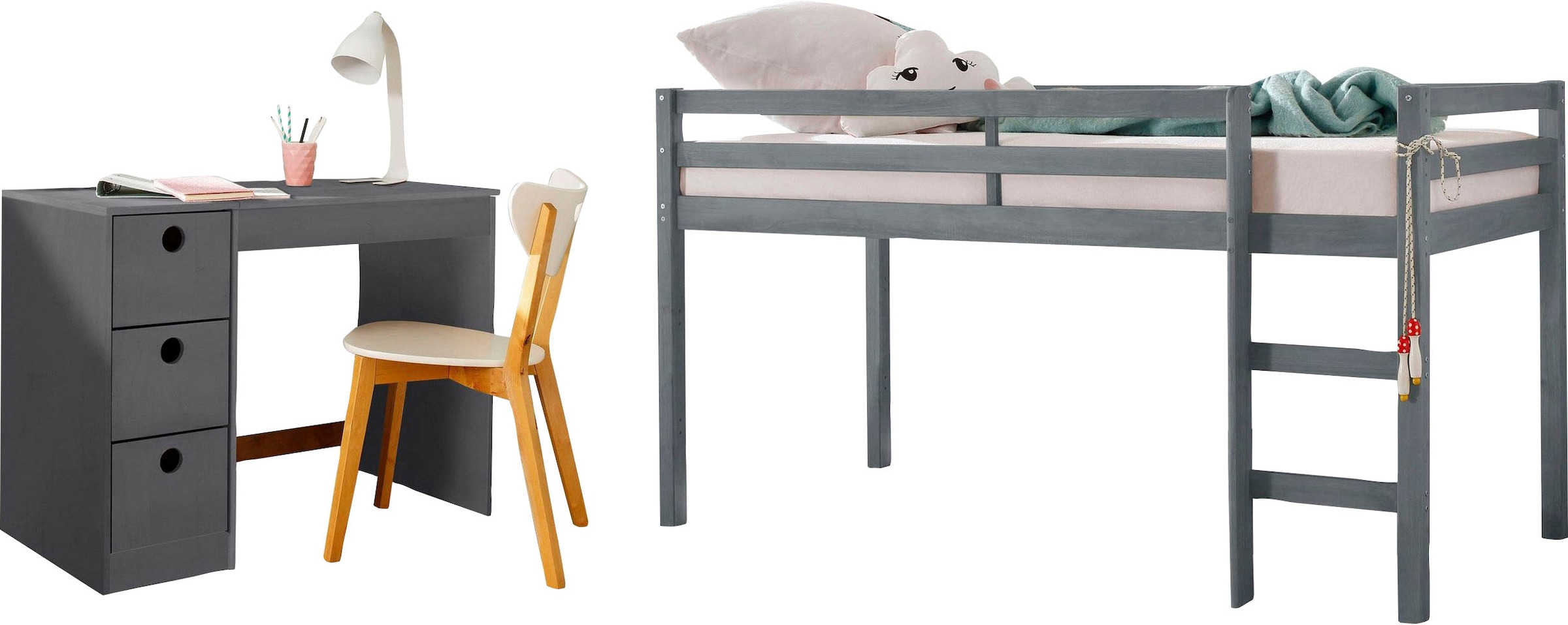 Lüttenhütt Jugendzimmer-Set »Alpi«, (Spar-Set, 2 St.), Hochbett und Schreibtisch mit Stauraum, perfekt für kleine Räume