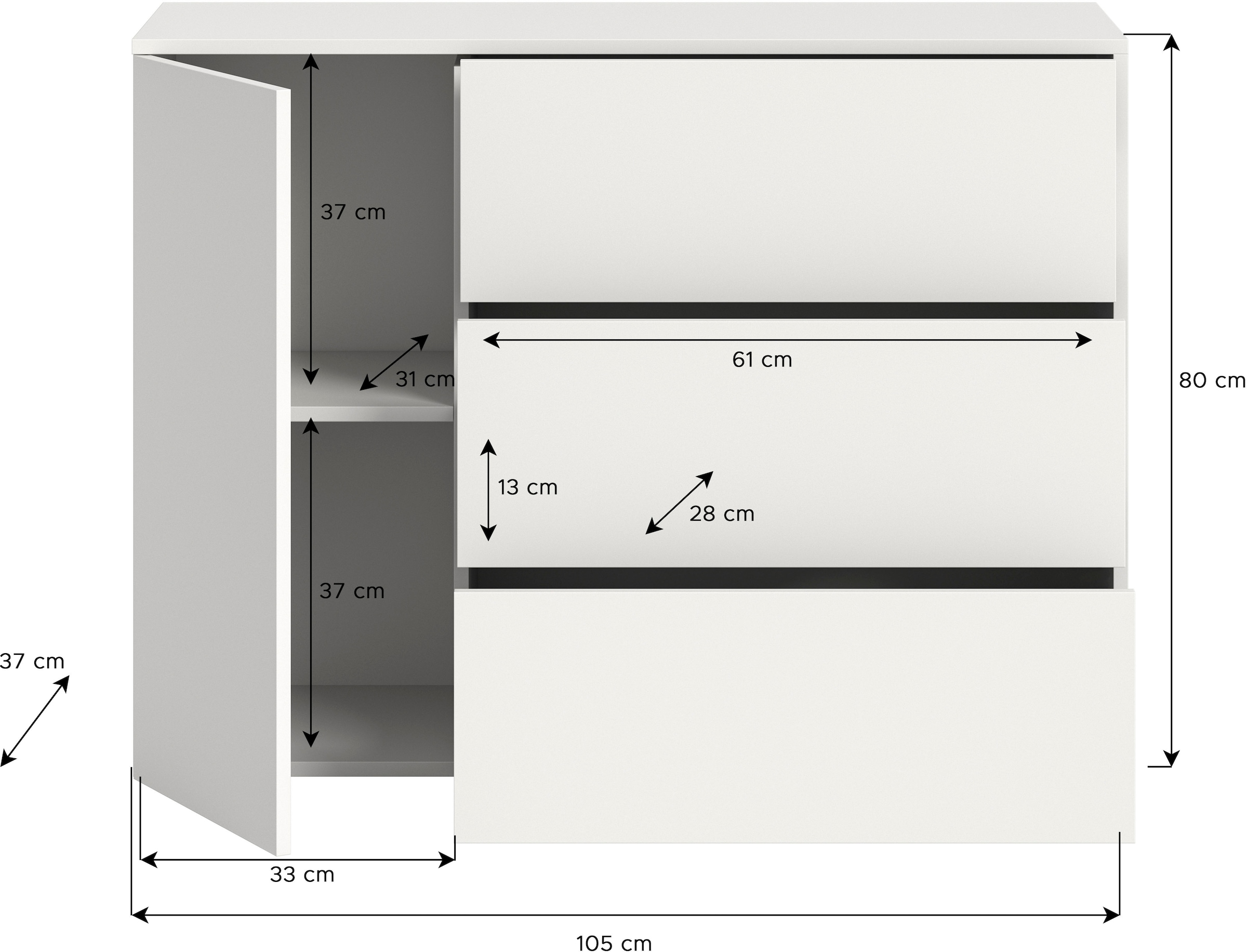 INOSIGN Sideboard »Zolder, Breite 105 cm, push-to-open, 1 Tür, 3 Schubkästen«, Anrichte, Kommode, Schrank