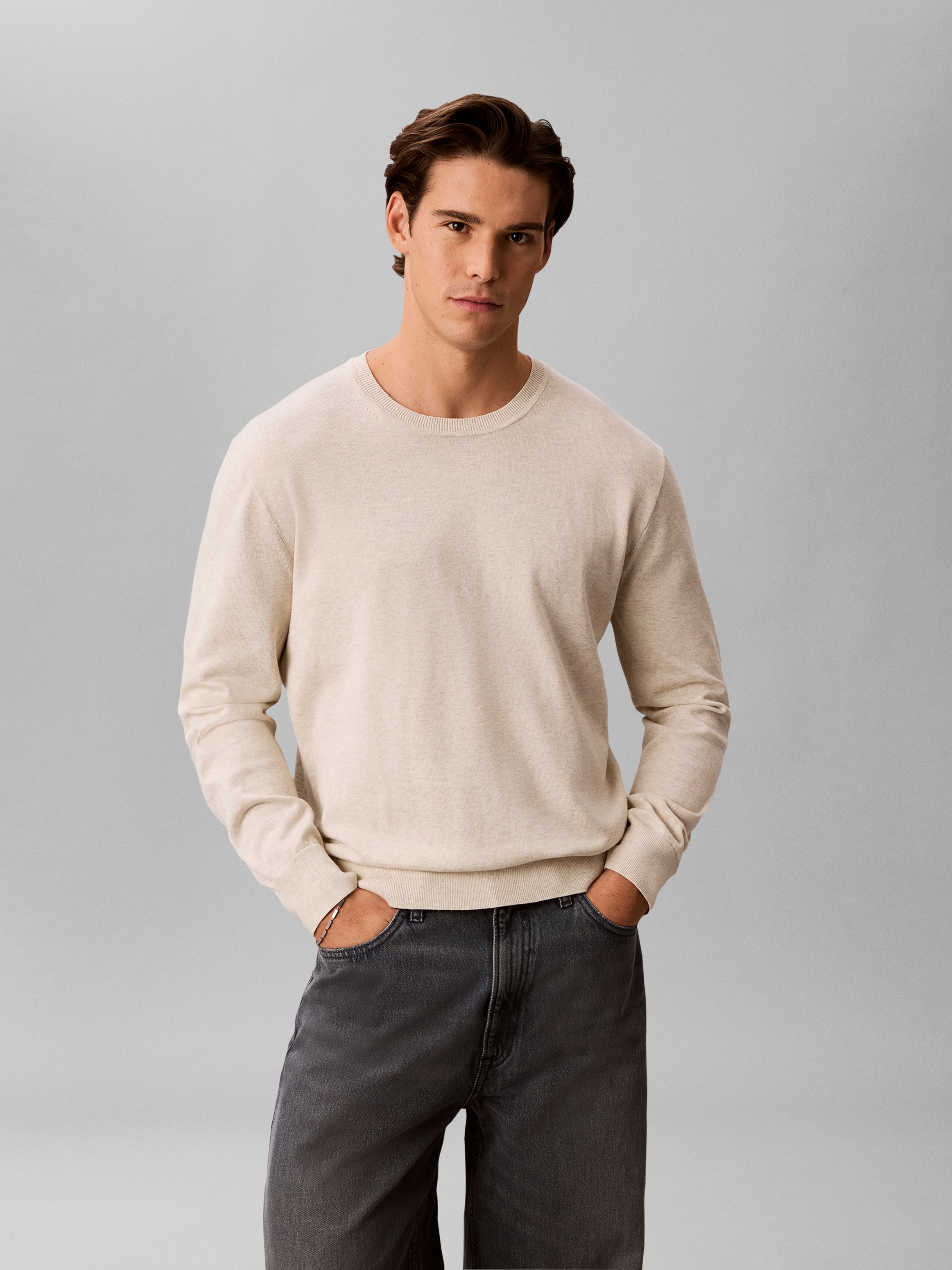 Calvin Klein Herren Snow Heather Strickpullover "Ls Supima Cotton Crew 14Gg" Mit Rundhalsausschnitt