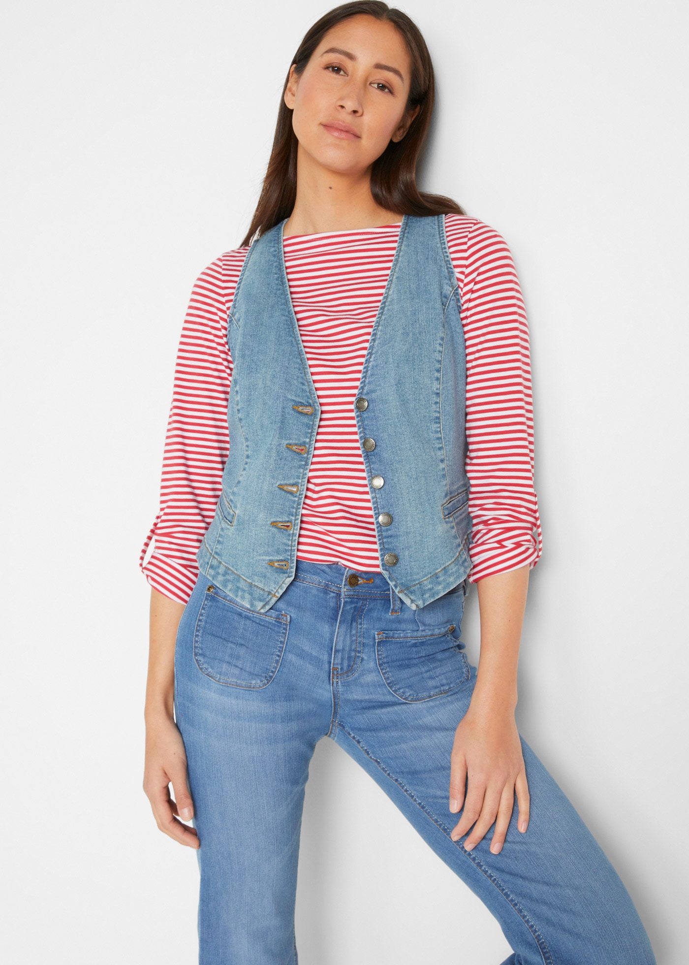 bonprix Jeansweste »Stretch-Jeansweste« tailliert, mit Knopfleiste und V-Ausschnitt