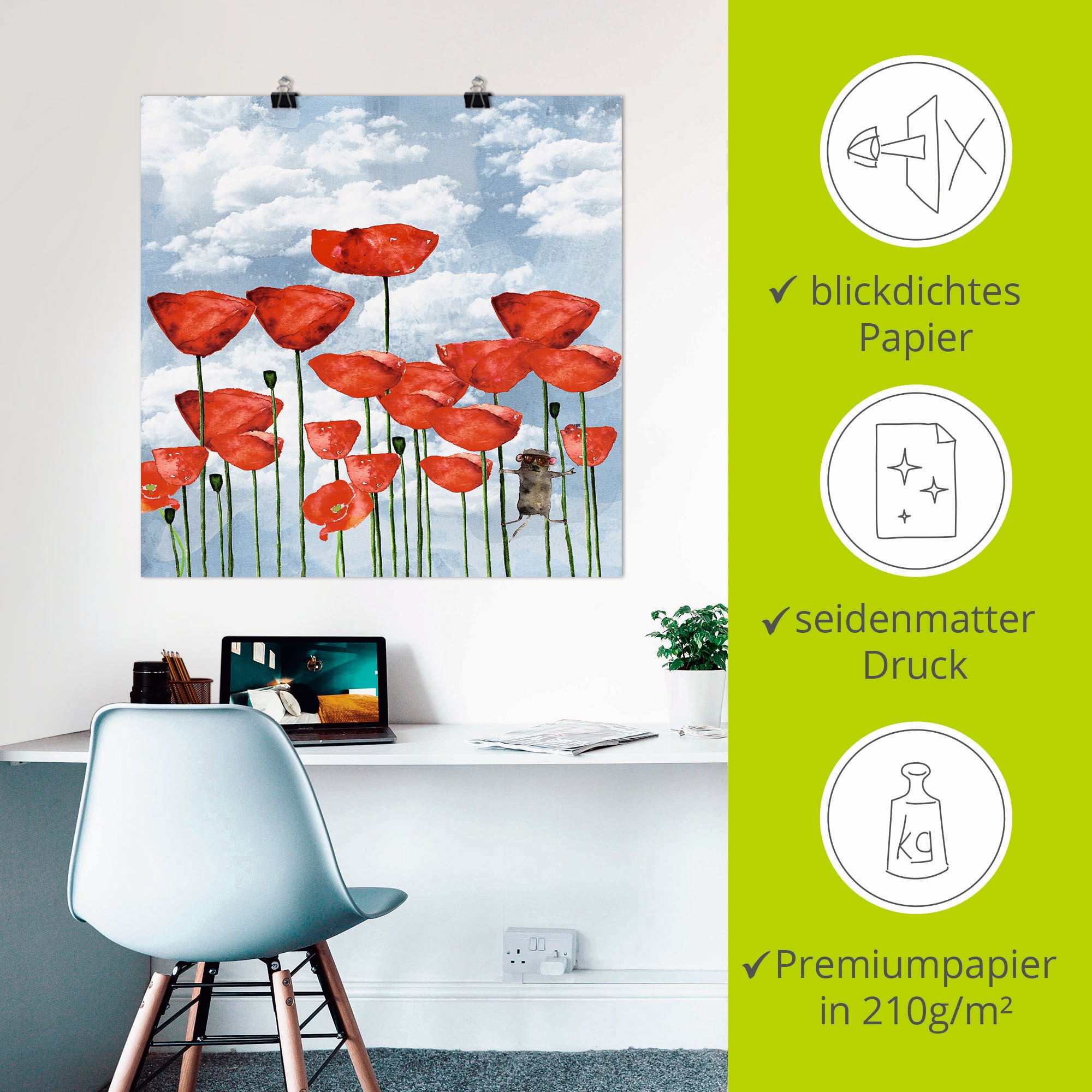 Artland Poster »Maus im Mohnfeld an einem bewölkten Tag«, Blumen, (1 St.), als Alubild, Leinwandbild, Wandaufkleber oder Poster in versch. Grössen