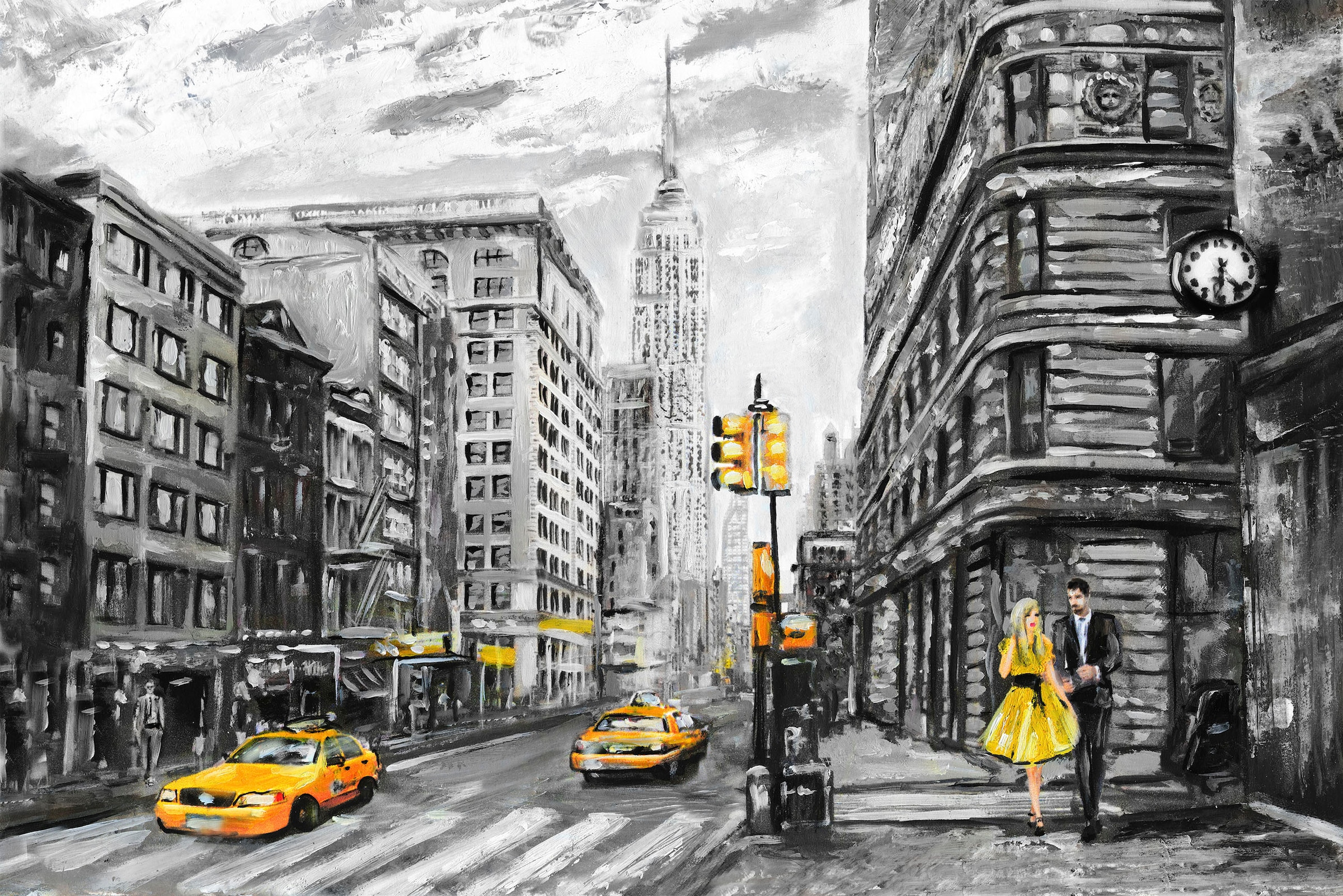 queence Leinwandbild »New York«, New York-Taxis-Schwarz-Weiss-Städte-Amerika, Wanddeko, schwarz, weiss, gezeichnet, Amerika, Premium Leinwandstoff