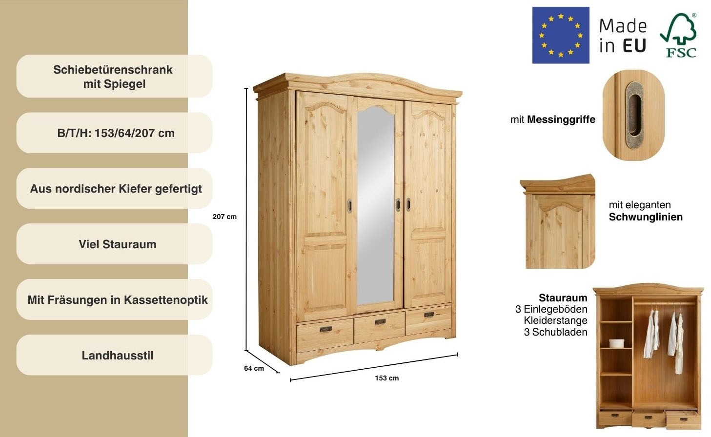 Home affaire Schiebetürenschrank »Konrad, Landhausstil, rustikal, mit Schubladen + Spiegel, Kassetten«, (3 Breiten: 153/202/249 cm H/T ca.207/64 cm), massive Kiefer, FSC®-zertifiziert, Messinggriffe, mehrere Varianten