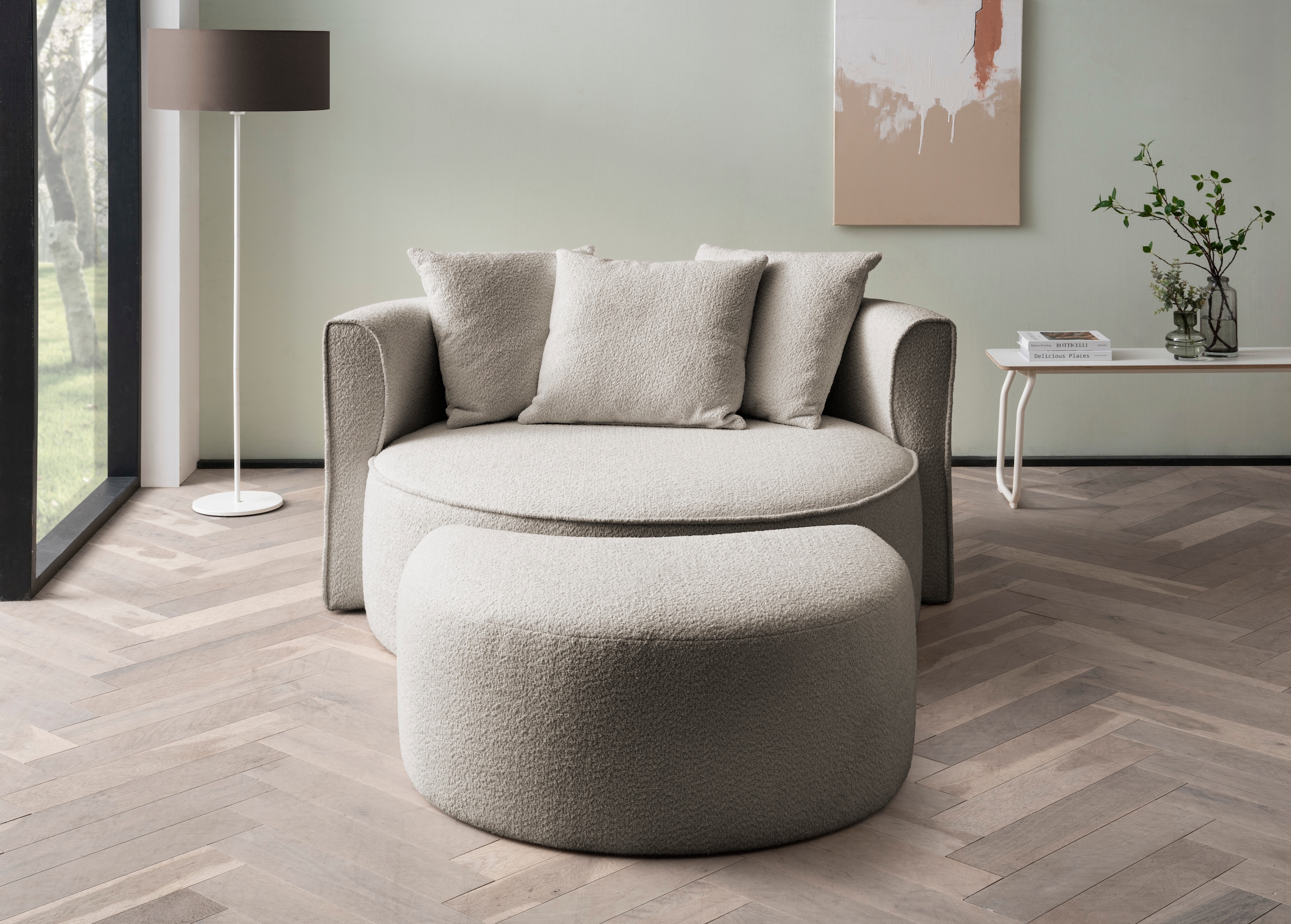 LeGer Home by Lena Gercke XXL-Sessel »ISALIE, Rundsessel mit Hocker, Lesesessel, Loveseat, Big-Sessel«, (Set), trendige Stoffe, 3 Zierkissen, grosse Sitzfläche, Cord, Samt, Bouclé