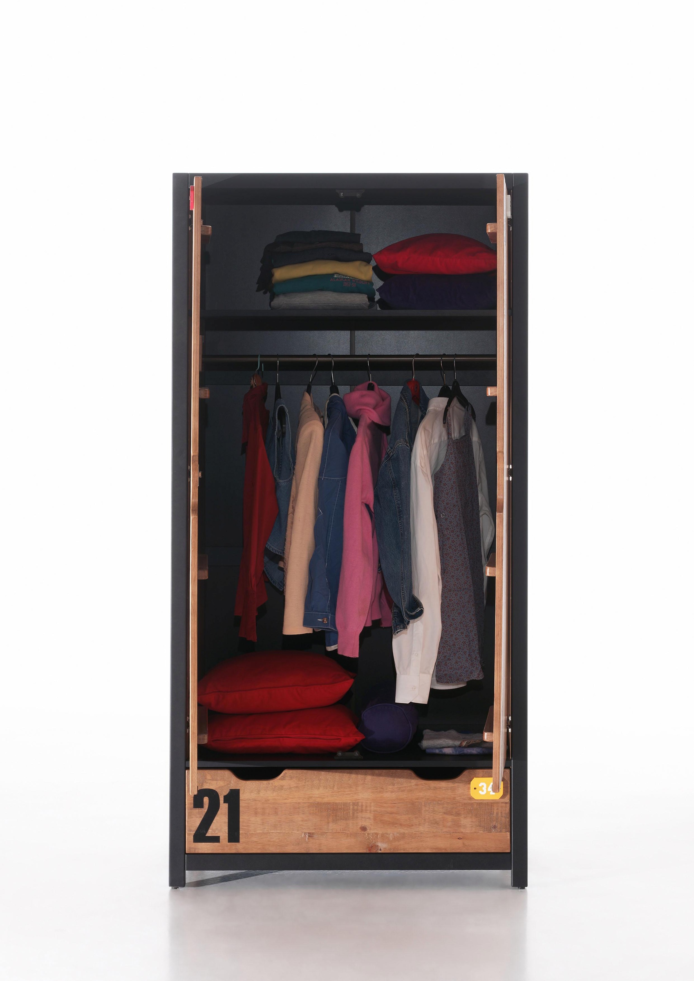 Vipack Drehtürenschrank »Alex, Fronten massiv Kiefer in Hobel-Optik, Dekor Ziffern«, (H/T ca. x200x55cm, Rahmen schwarz, wahlweise 2 Breiten), inkl. Schublade/n, innen mit Kleiderstange