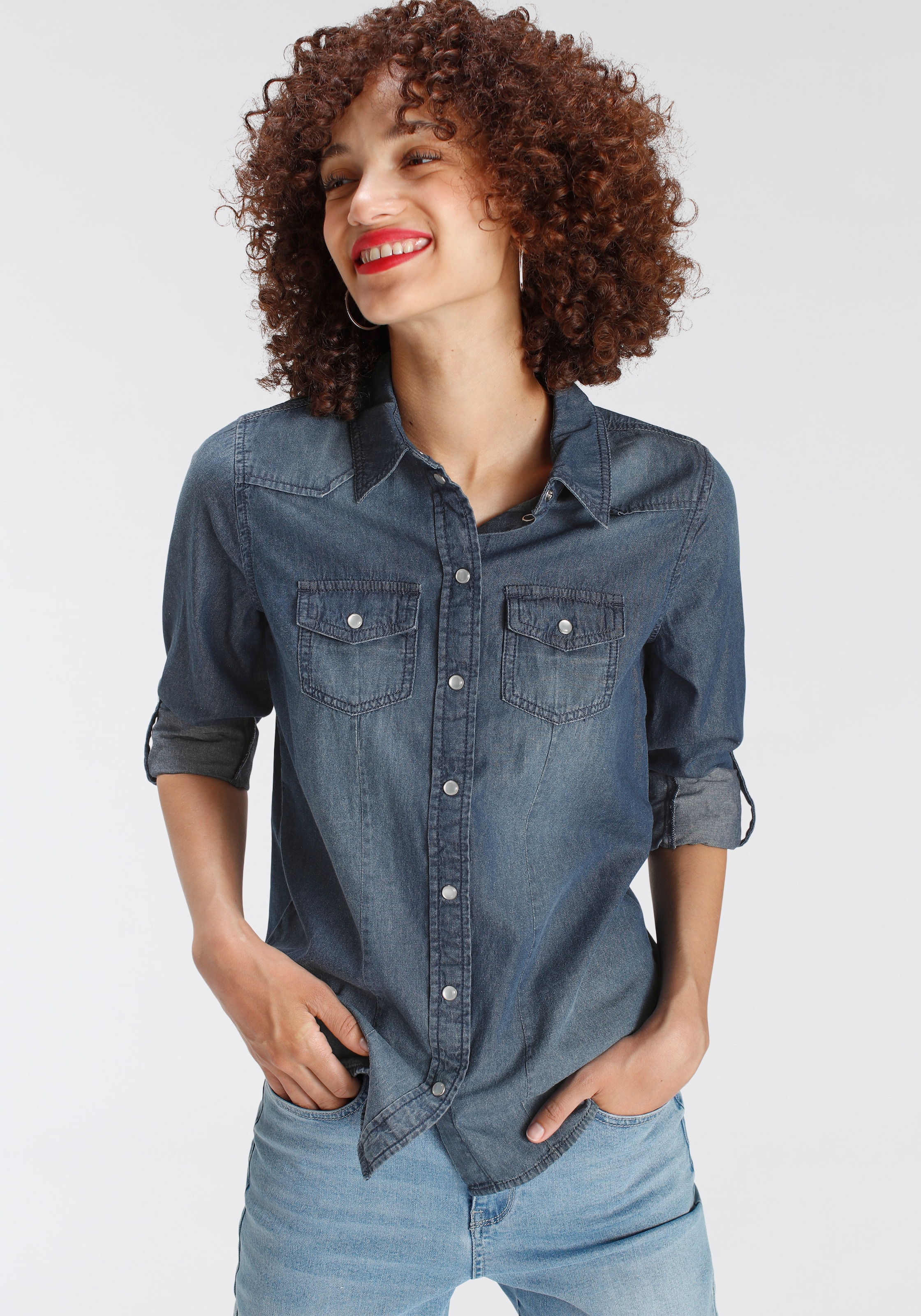 ❤ AJC Shop KOLLEKTION im -NEUE Jelmoli-Online Jeansbluse, Turn-Up-Ärmel mit bestellen
