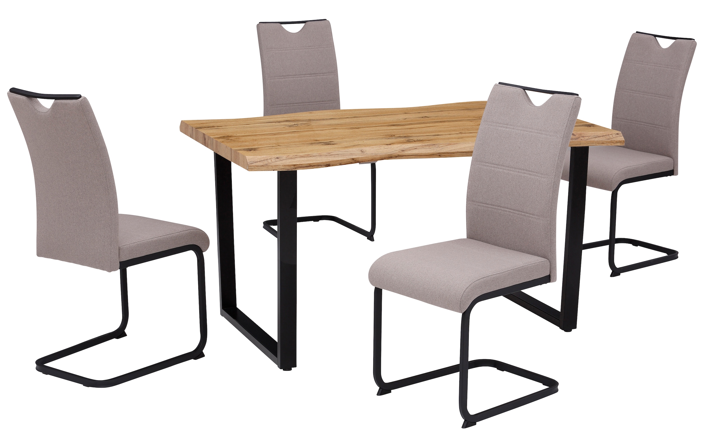 HELA Essgruppe »GISELLE Esszimmer, Essgruppe, Sitzgruppe TOPSELLER!«, (Set, 5 tlg., 5er Set, Tisch plus 4 Stühle), Esstisch U-Gestell Metall, Tischplatte mit Baumkante