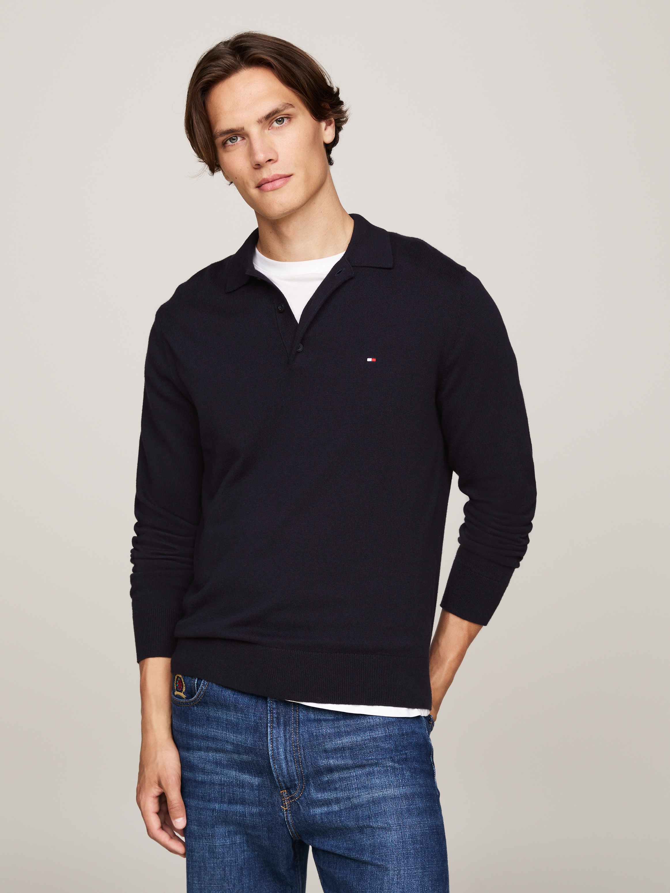 Tommy Hilfiger Polokragenpullover »PIMA ORG CTN CASHMERE LS POLO«, Flag-Stickerei auf Brust