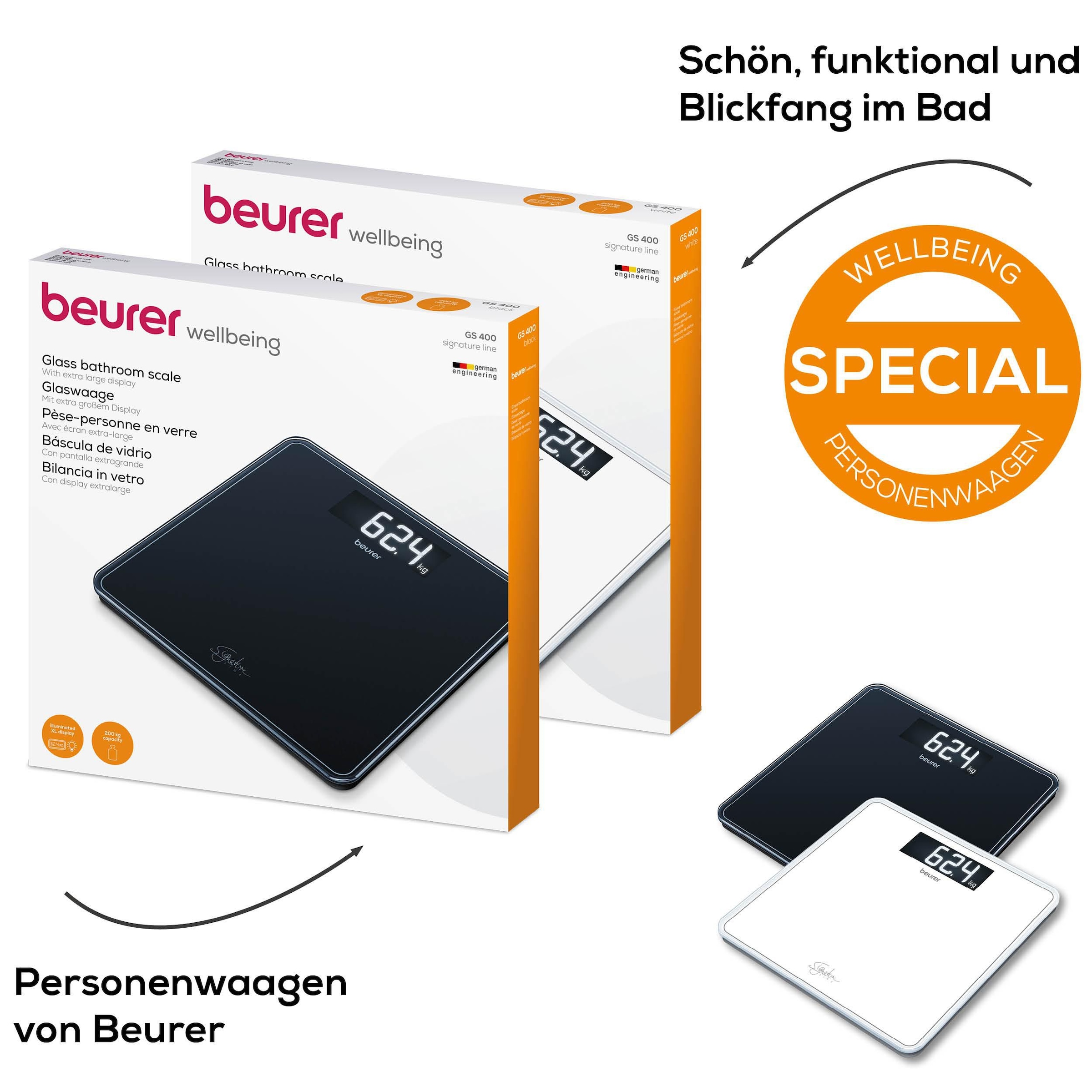 BEURER Personenwaage »GS 400, grosse Trittfläche mit 8 mm weissem Sicherheitsglas«, XL-Display, Tragkraft bis 200 kg und praktische Einschaltautomatik