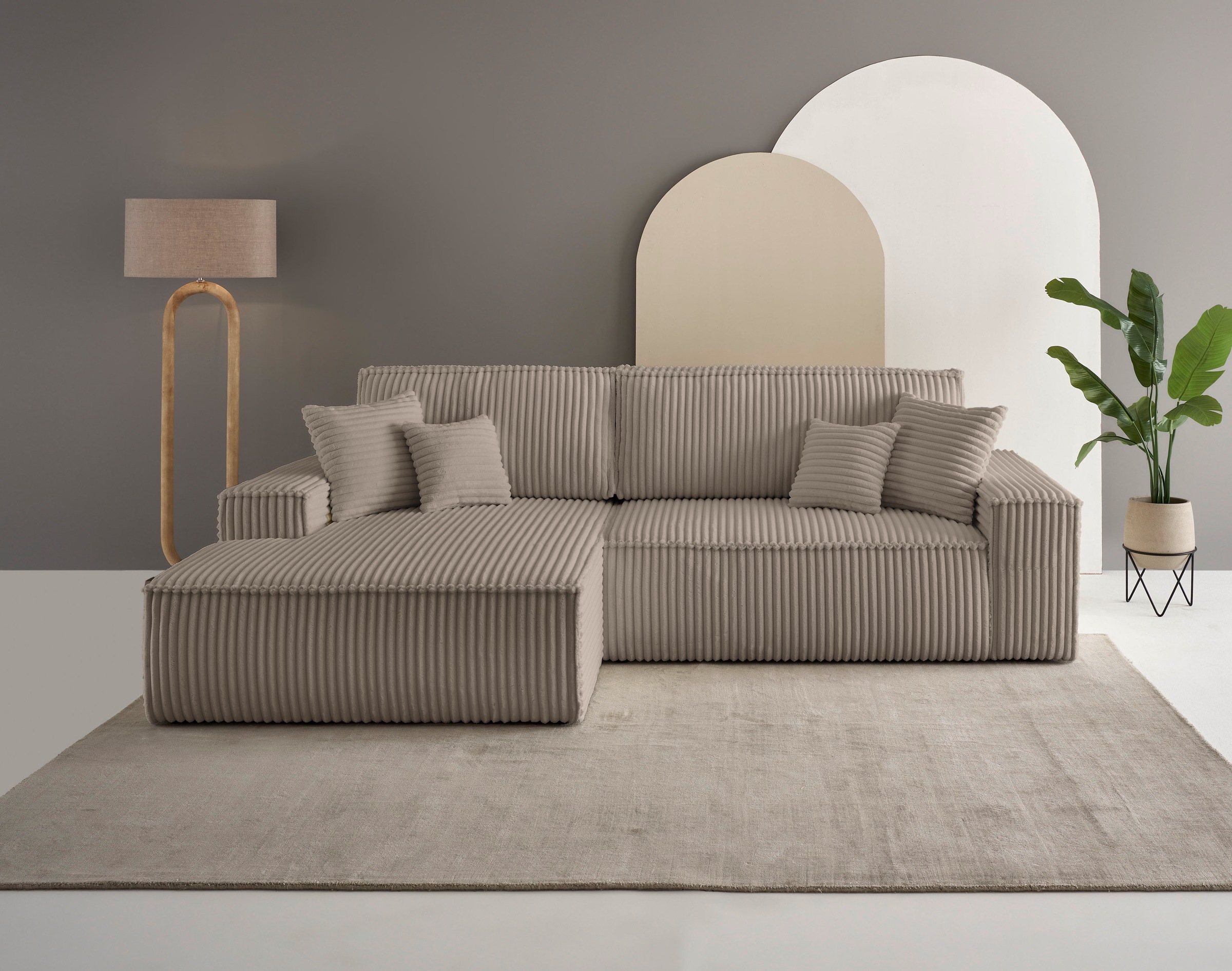 GOODproduct Ecksofa "FINNLEY, L-Form 257 cm, Schlafsofa" mit Bettkasten, in Bouclé, Struktur fein und Mega Cord