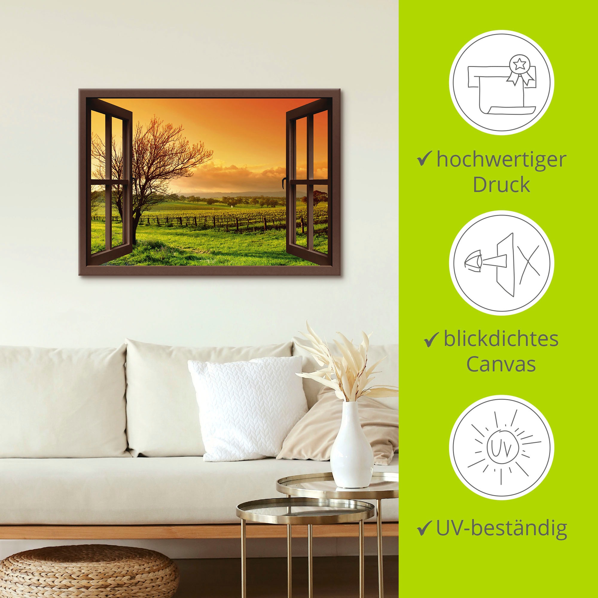 Artland Wandbild »Fensterblick - Landschaft mit Weinbergen«, Fensterblick, (1 St.), als Leinwandbild, Wandaufkleber in verschied. Grössen