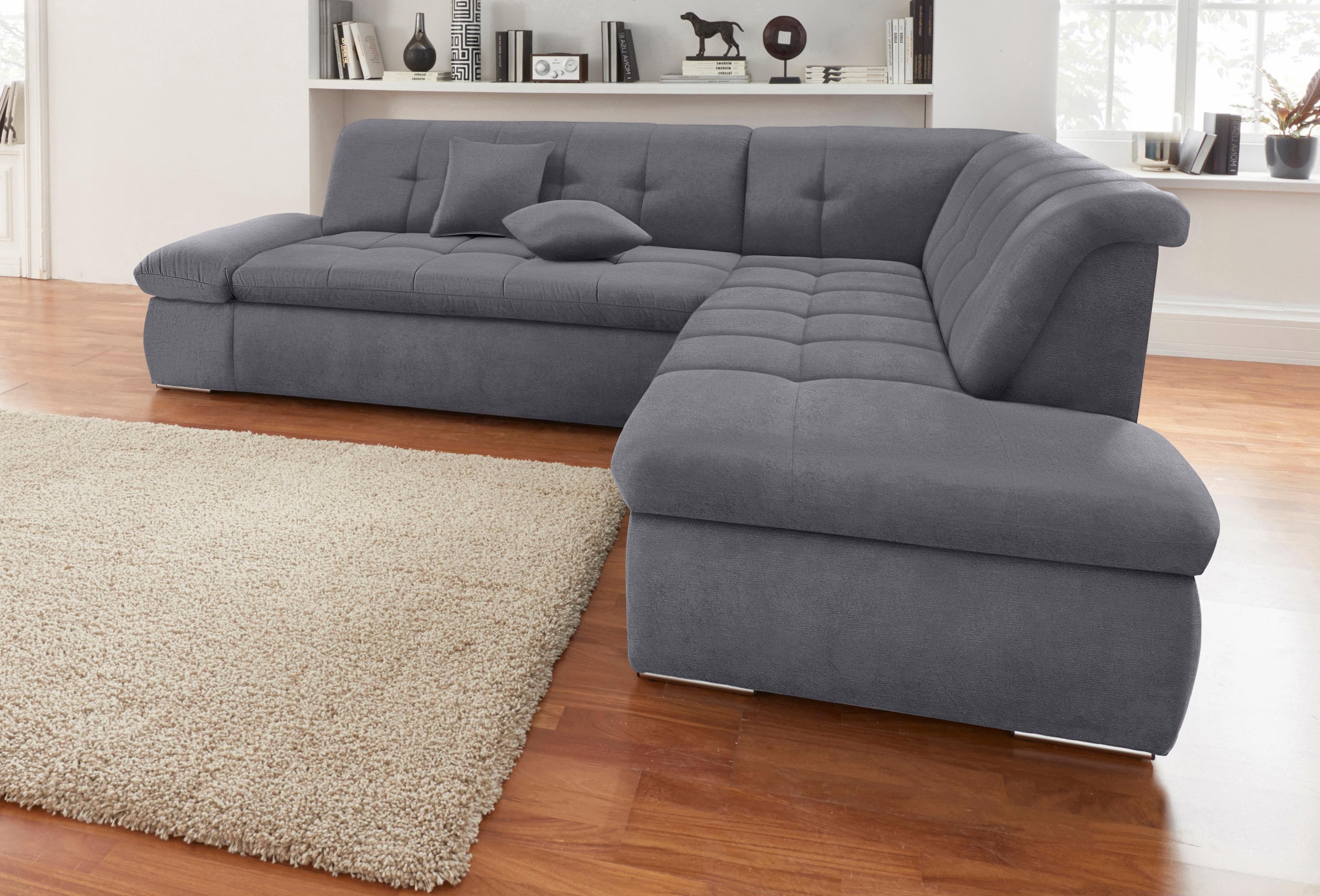 DOMO collection Ecksofa »NMoric incl. Zierkissen B/T/H: 273/216/80 cm L-Form«, Ottomanen-Abschluss, wahlweise mit Bettfunktion und Armlehnverstellung