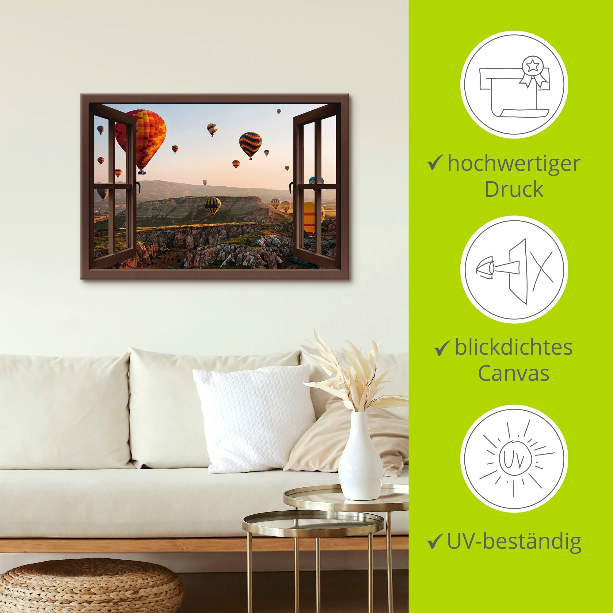 Artland Wandbild »Fensterblick Kappadokien Ballonfahrt«, Ballonfahren, (1 St.), als Leinwandbild, Poster, Wandaufkleber in verschied. Grössen