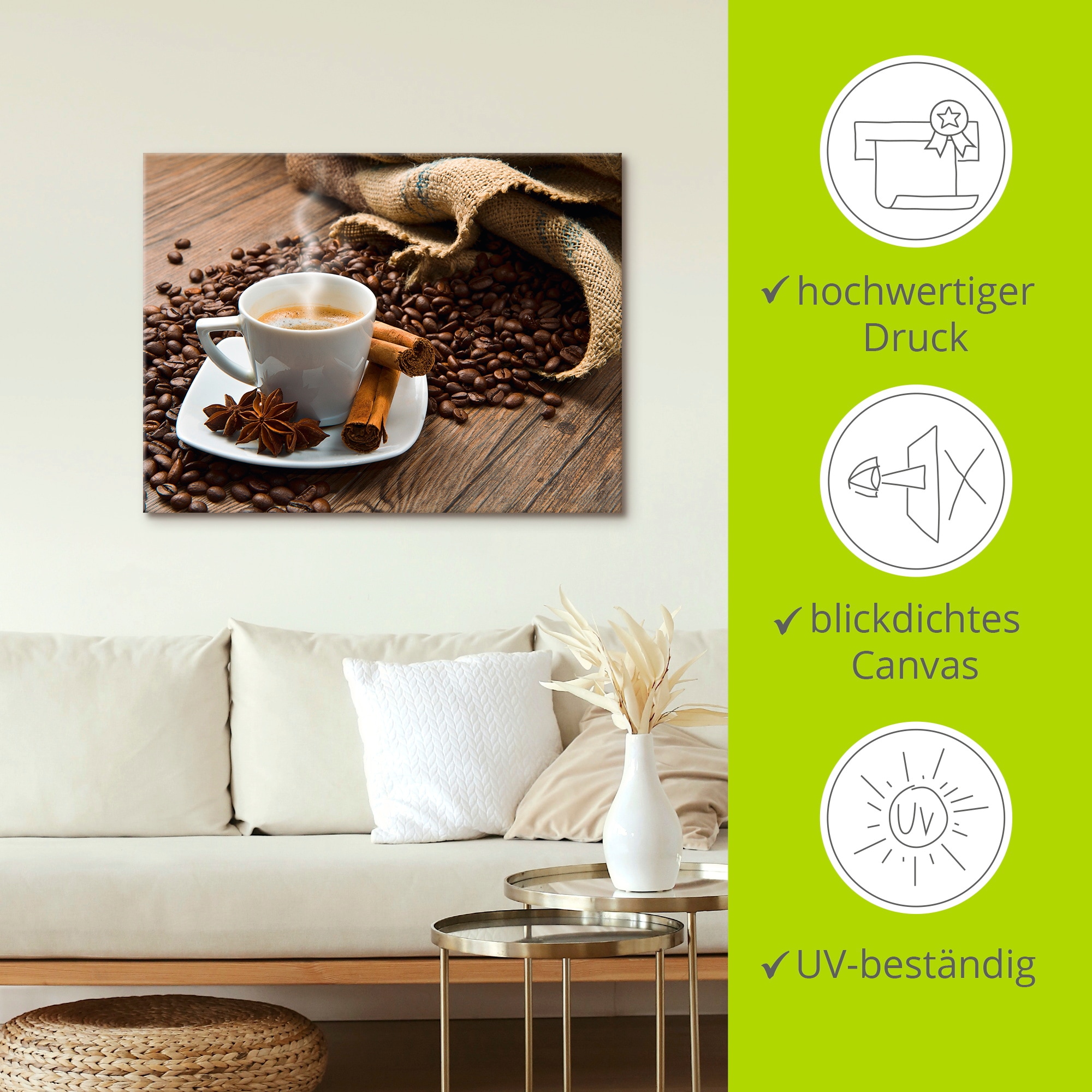 Artland Wandbild »Kaffeetasse Leinensack mit Kaffeebohnen«, Getränke, (1 St.), als Leinwandbild, Poster in verschied. Grössen