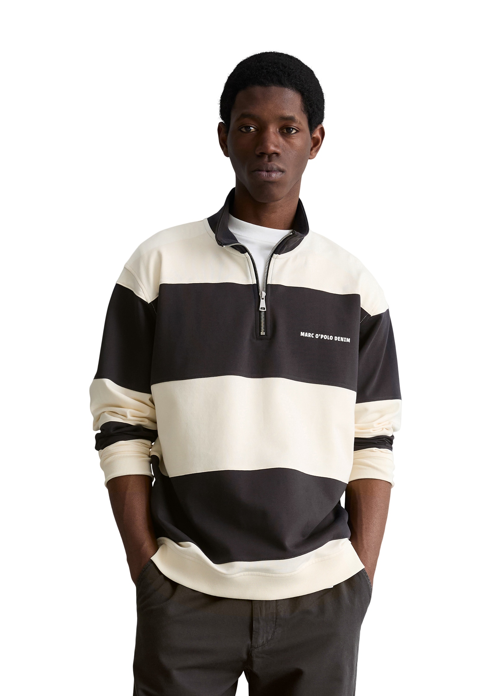 Marc OPolo DENIM Sweatshirt, Troyer relaxed mit Cut-&-Sew-Blockstreifen