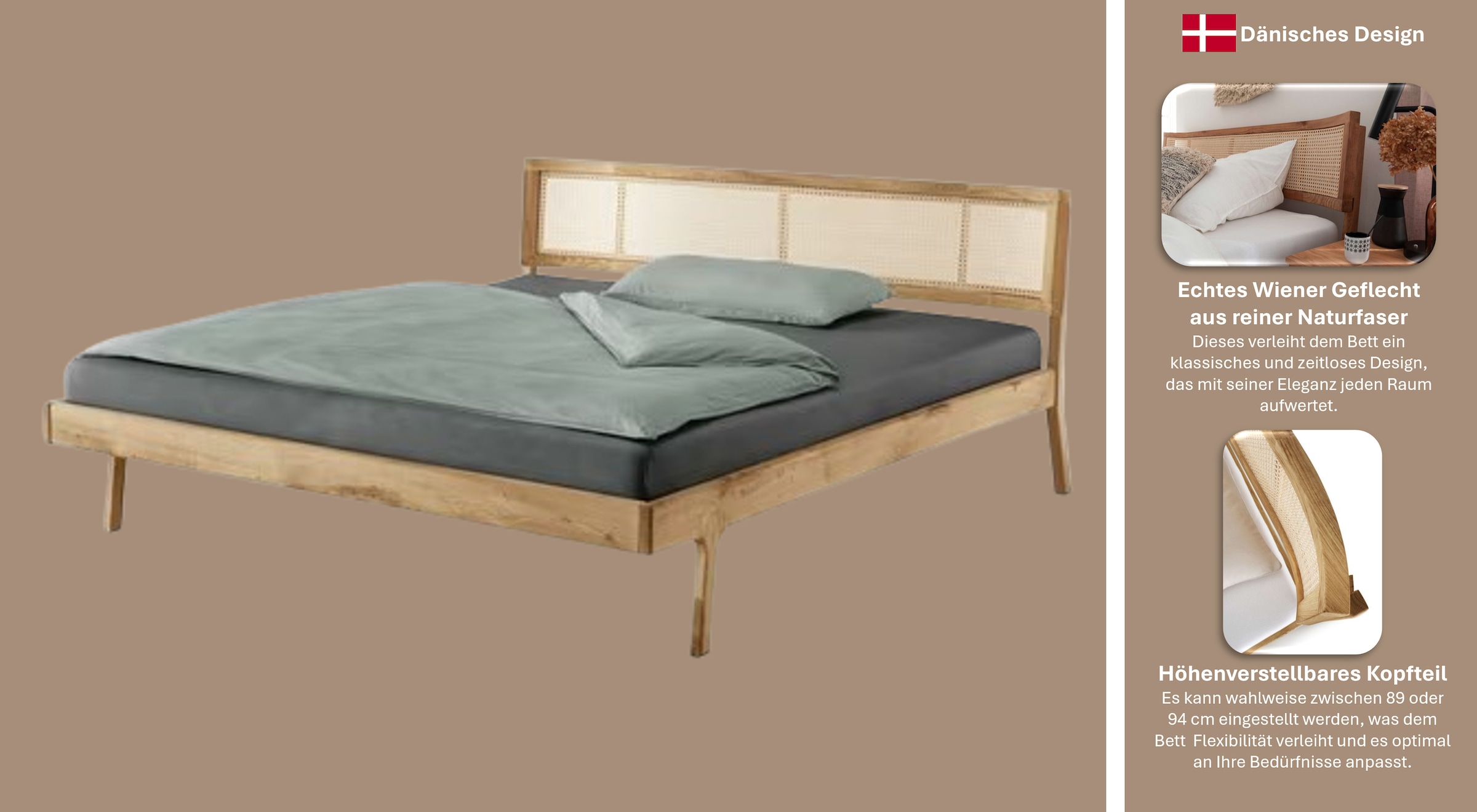 andas Bett »Hällevik Doppelbett, Massivholzbett, hyggeliger Stil«, massive FSC-zertifizierte Eiche geölt, Kopfteil mit Wiener Geflecht