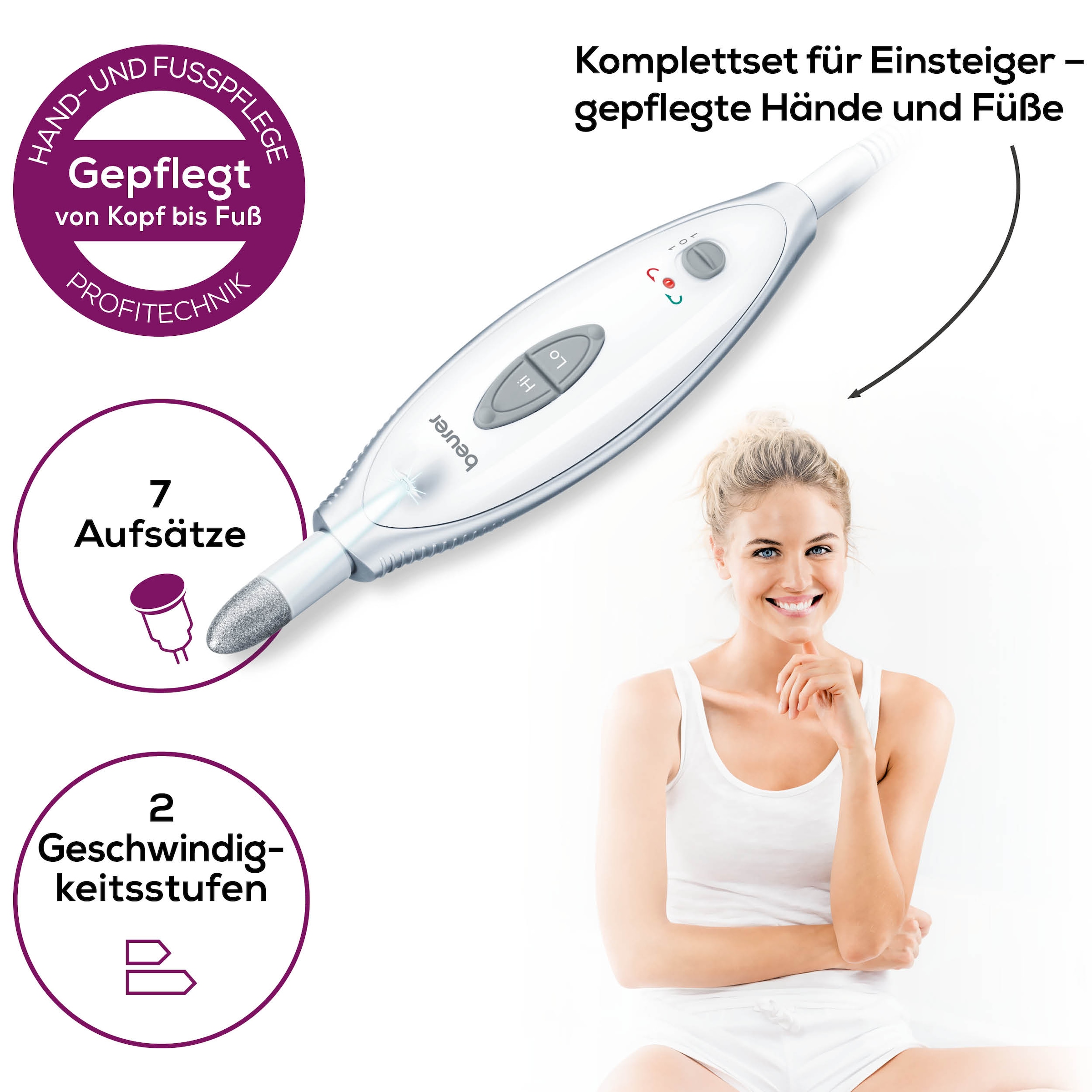 BEURER Maniküre-Pediküre-Set »MP 41 elektrische Nagelfeile, für gepflegte Hände und Füsse zuhause«, Inkl. 7 Aufsätze aus Saphir und Filz, mit LED-Licht und Etui