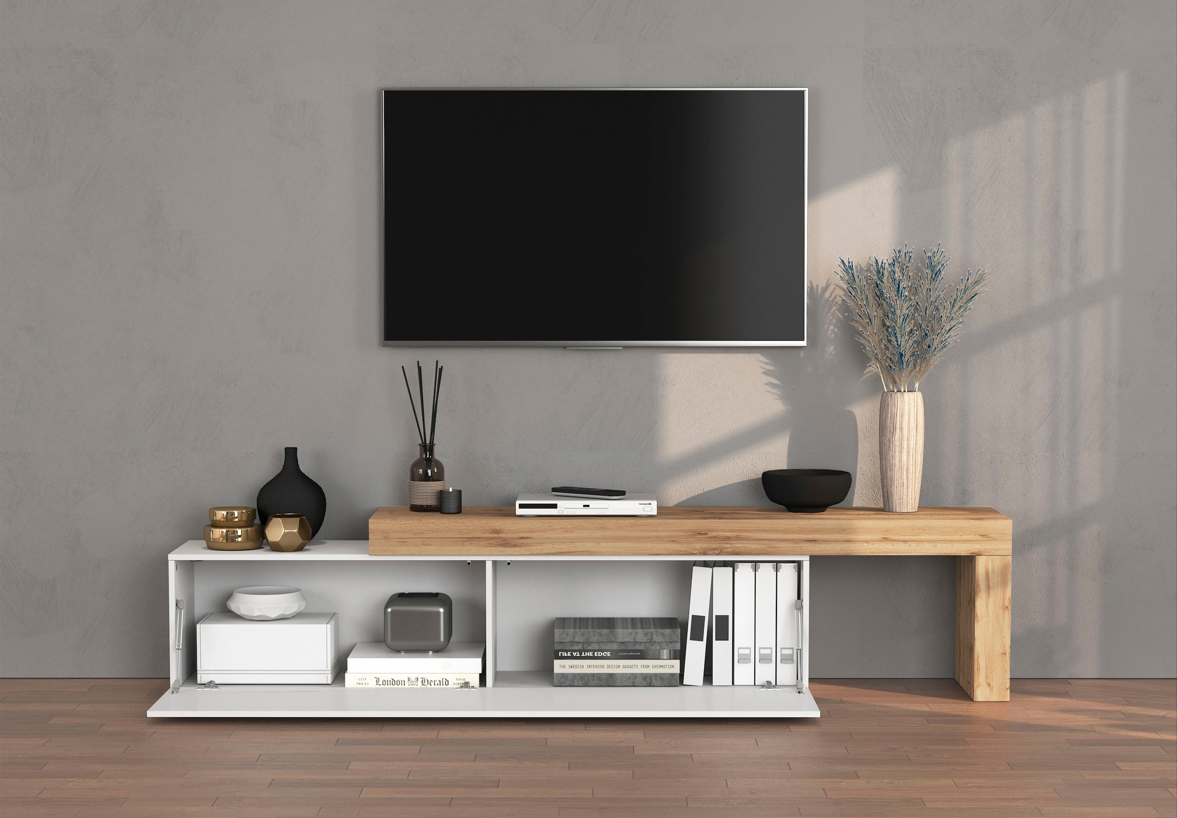 INOSIGN Lowboard »Chronos TV-Board, TV-Schrank«, (1 St., Breite verstellbar von 190 bis 350 cm), Breite 270 cm TV-Board,Lowboard,1 Klappe und ein L-Förmiger Aufsatz