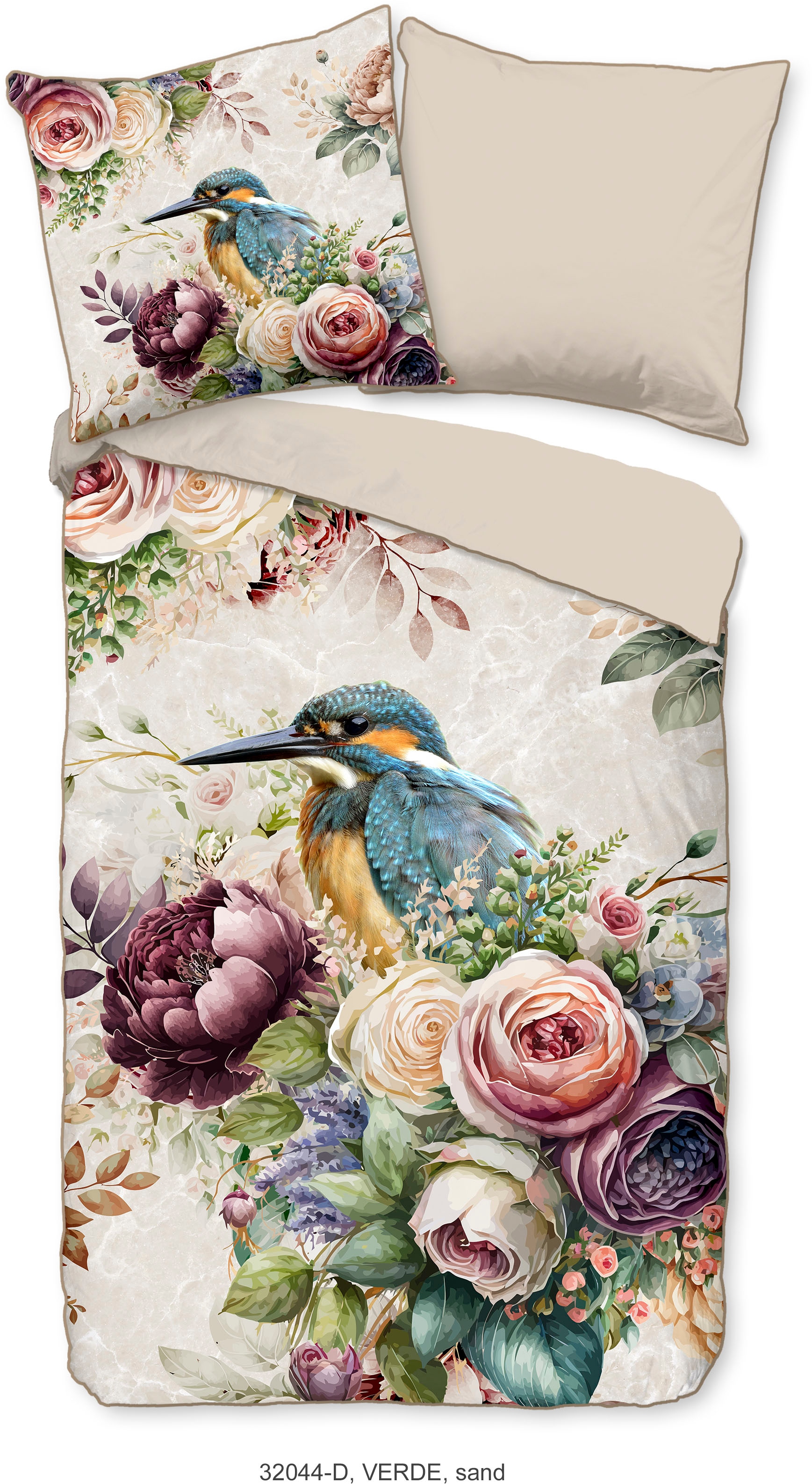 Descanso Wendebettwäsche »Verde«, Mako Satin, 135x200, Biese, Reissverschluss, Wendeoptik, Blumen, Sand