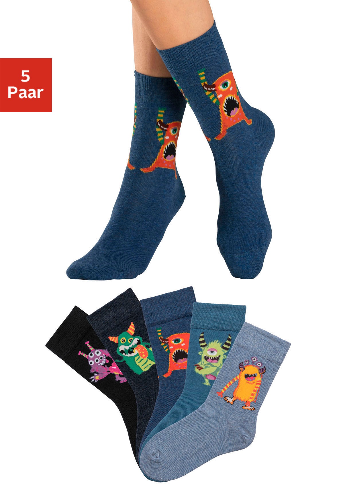 H.I.S Freizeitsocken, (5 Paar), mit lustigen Monstermotiven