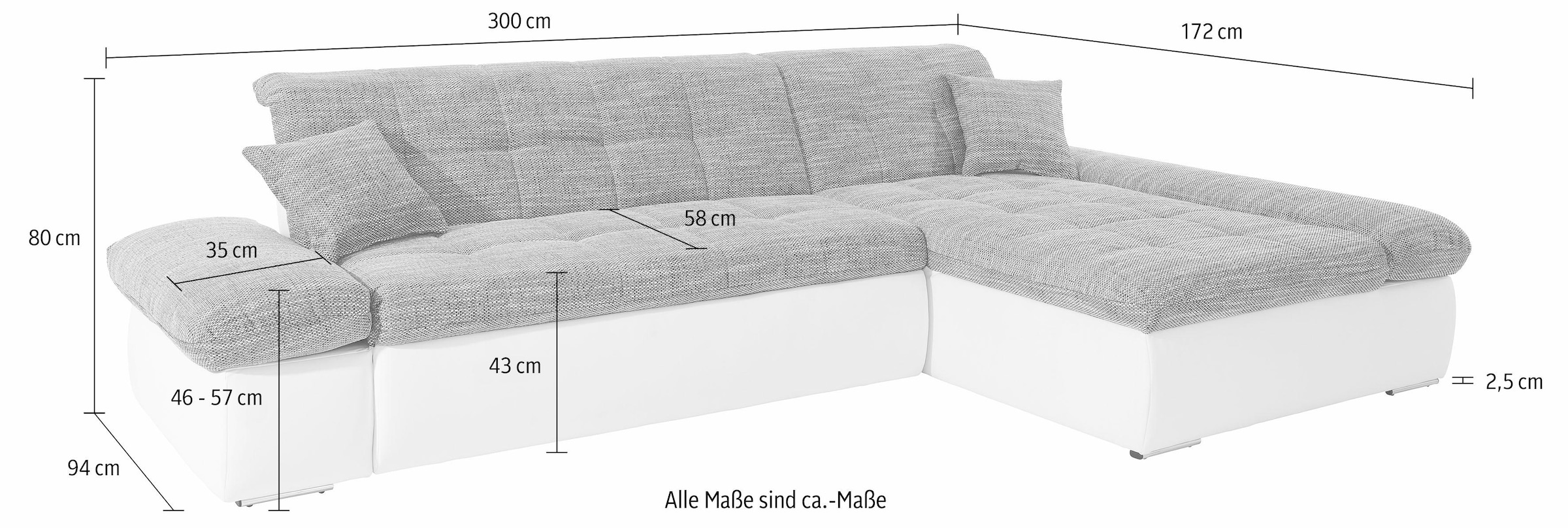 DOMO collection Ecksofa »Moric, L-Form, XXL-Sofa - Breite 300cm«, wahlweise mit Bettfunktion und Armteilverstellung, schwarz-silberfarben