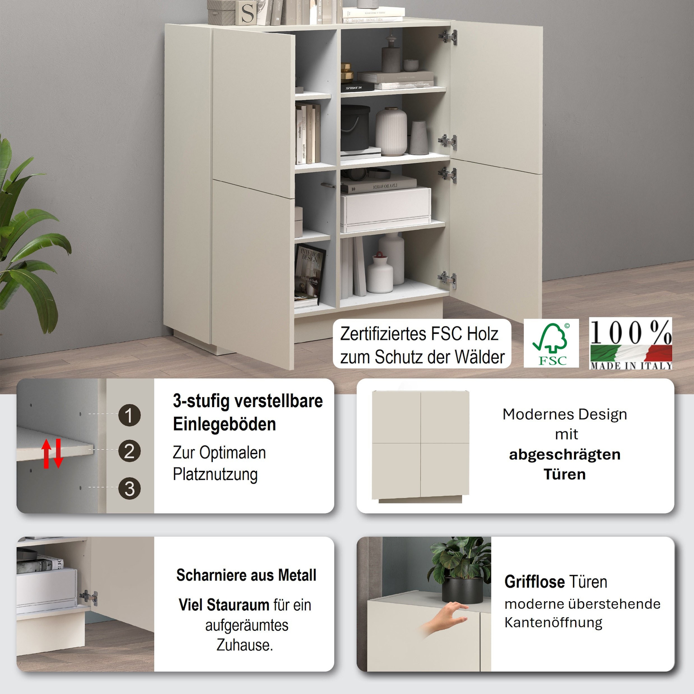 INOSIGN Highboard »VELA, Highboard, Höhe 120 cm,Design mit schrägen Türen«, (1 St.), Made in Italy, Masse-B/T/H: 100x35x120,hohes Sideboard,Anrichte,Kommode