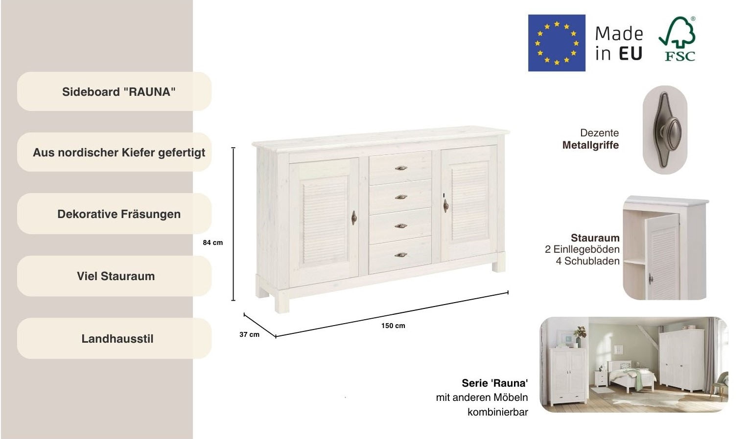 Home affaire Sideboard »Rauna«, (B/T/H: 150/37/84 cm), Kommode, FSC®-zertifiziertes Massivholz, Breite 150 cm