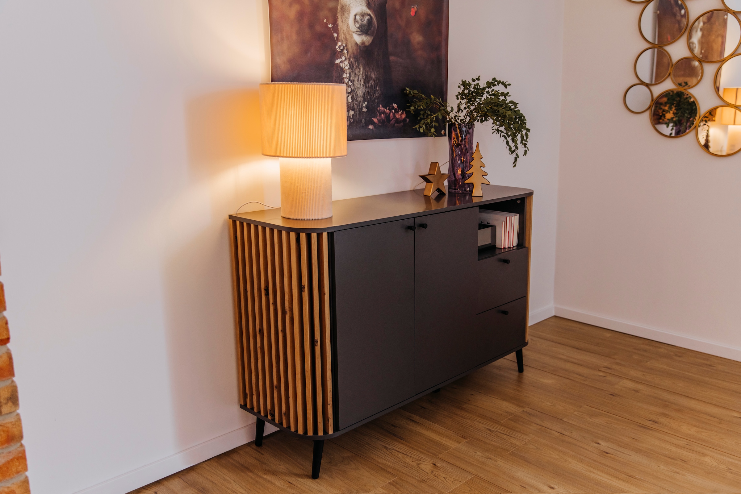 INOSIGN Sideboard »Stavanger, Breite 138cm, Paneel-Stäbchen-Optik, 2 Schubkästen, 2 Türen«, (1 St.), 1 offenes Fach, 1 Einlegeboden, Anrichte, Schrank, Kommode, Wohnmöbel