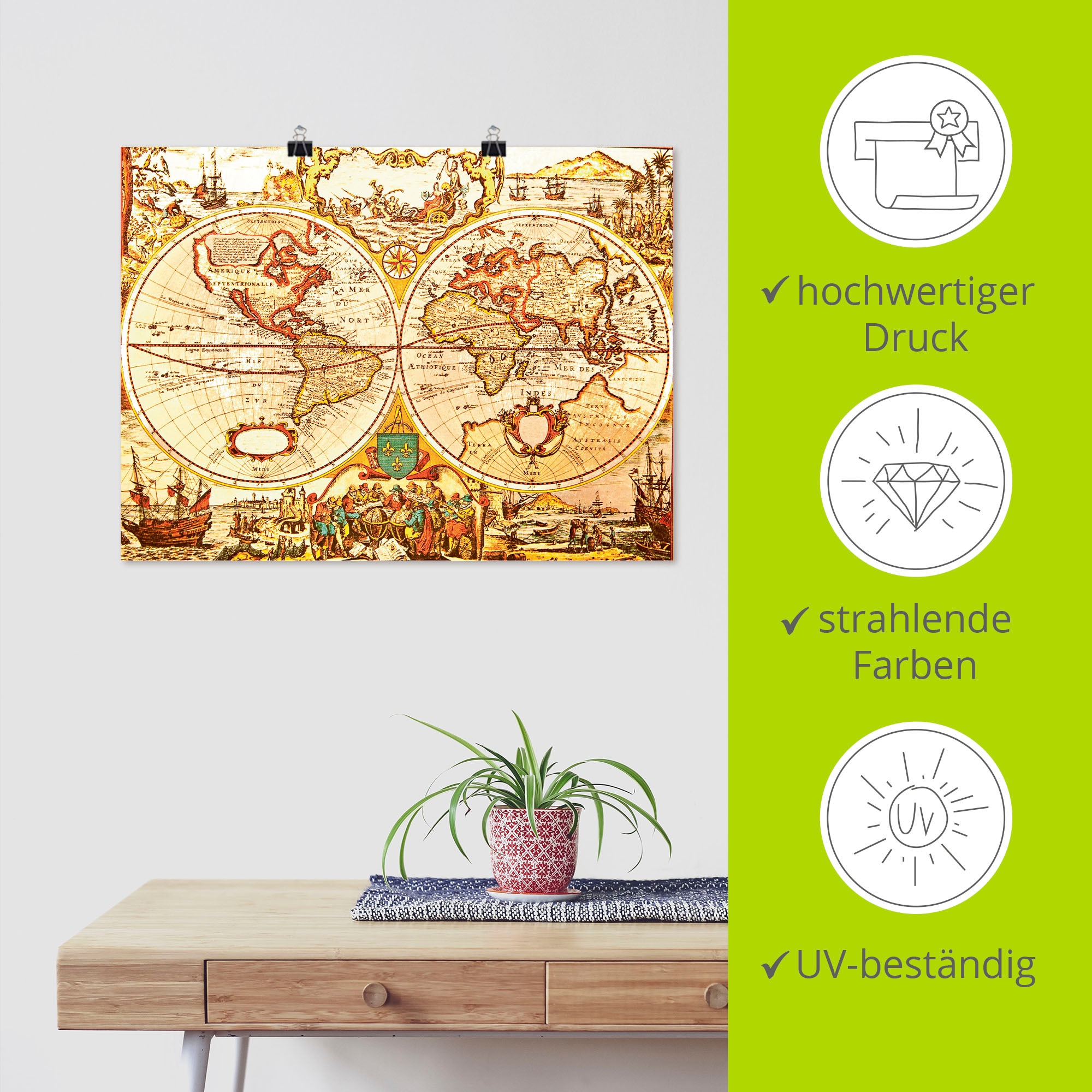 Artland Wandbild »Antike Weltkarte«, Landkarten, (1 St.), als Alubild, Outdoorbild, Leinwandbild, Poster, Wandaufkleber