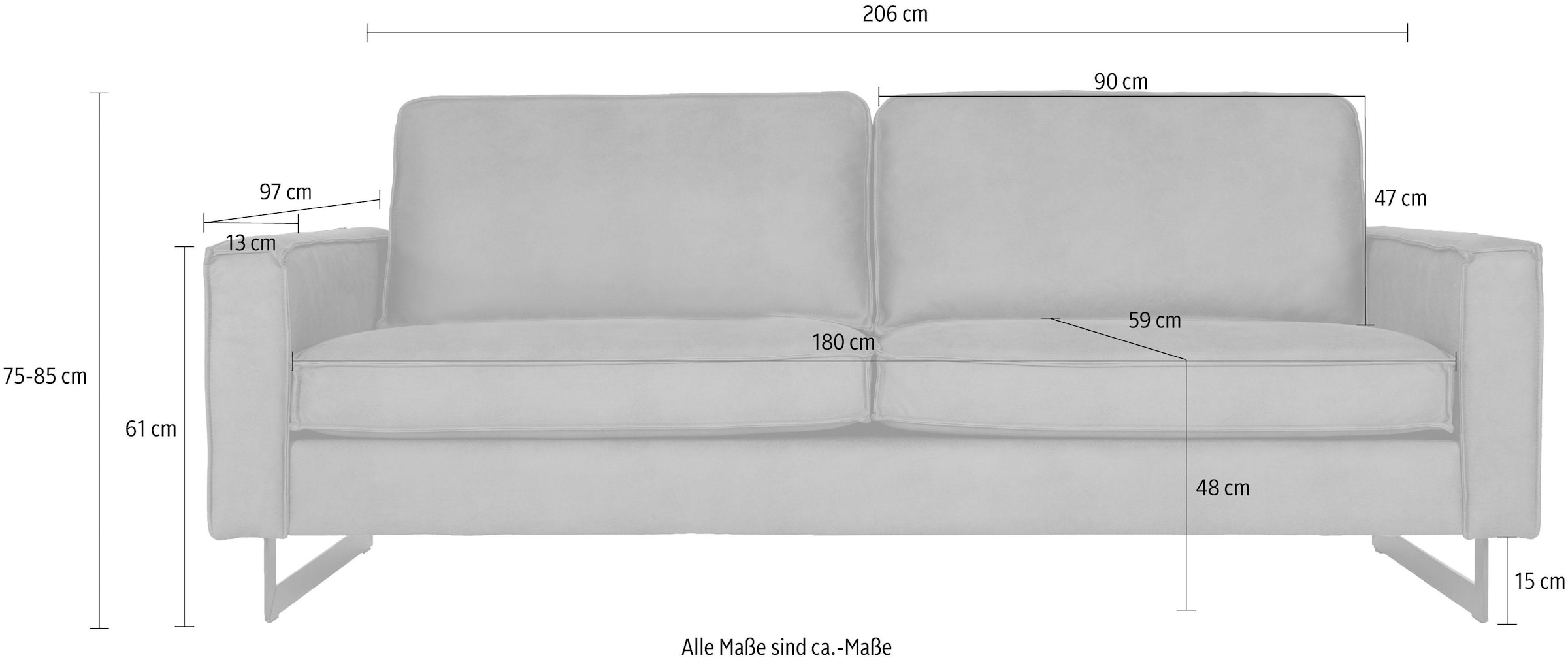 Places of Style 3-Sitzer »Pinto, 206 cm, Cord, Chenille, Lederoptik«, mit Keder, schwarze Metallfüsse, Wellenunterfederung