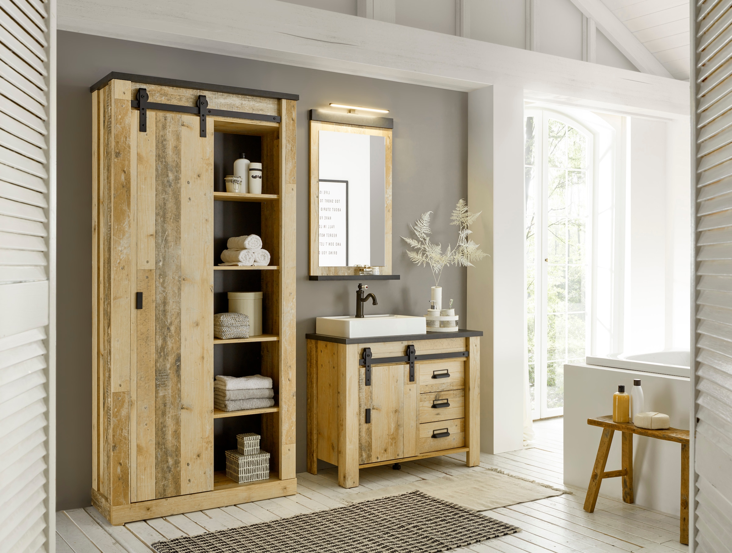 Home affaire Badmöbel-Set »SHERWOOD, Bad im modernen Design, 3-teiliges Badezimmer«, (3 St.), in 2 Farben verfügbar, Scheunentorbeschlag & Apothekergriff aus Metall