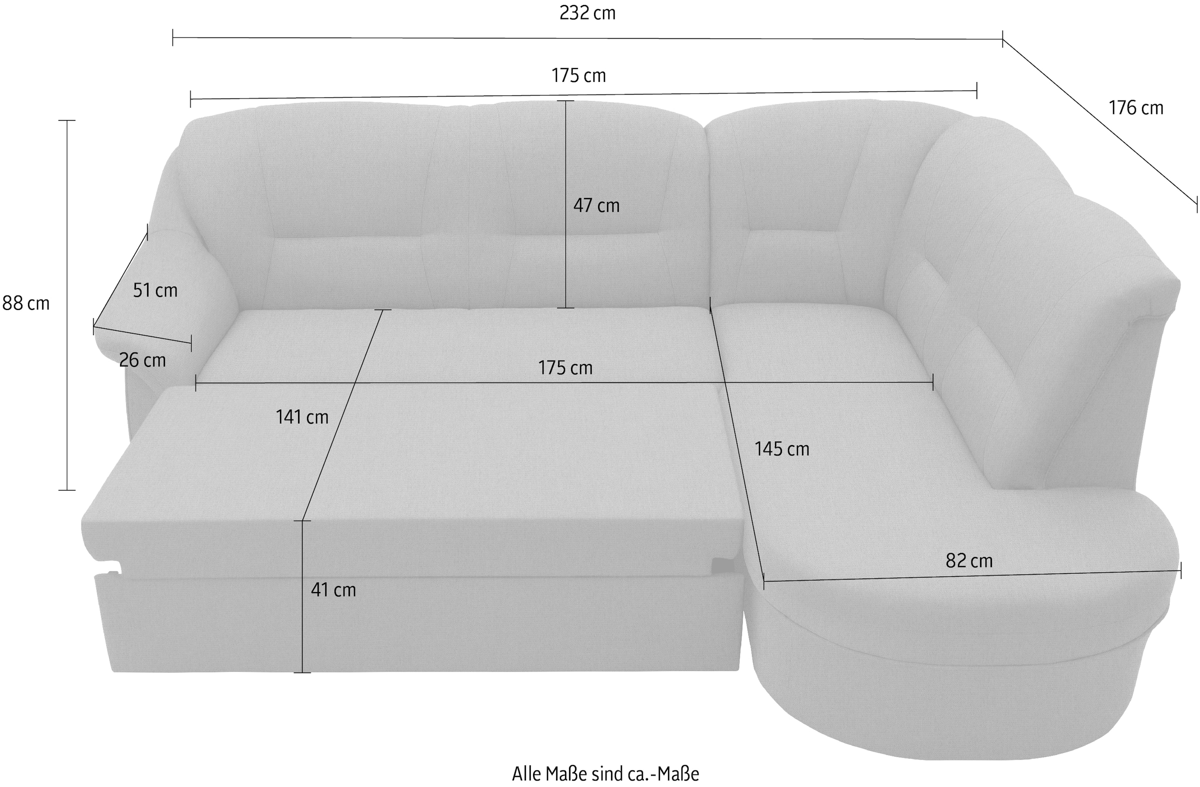 DOMO collection Ecksofa »Faenza für kleine Räume, Stellmasse 232,176cm, komfortabel, L-Form«, mit Ottomane, zeitlos, elegante Armlehnen, wahlweise mit Bettfunktion