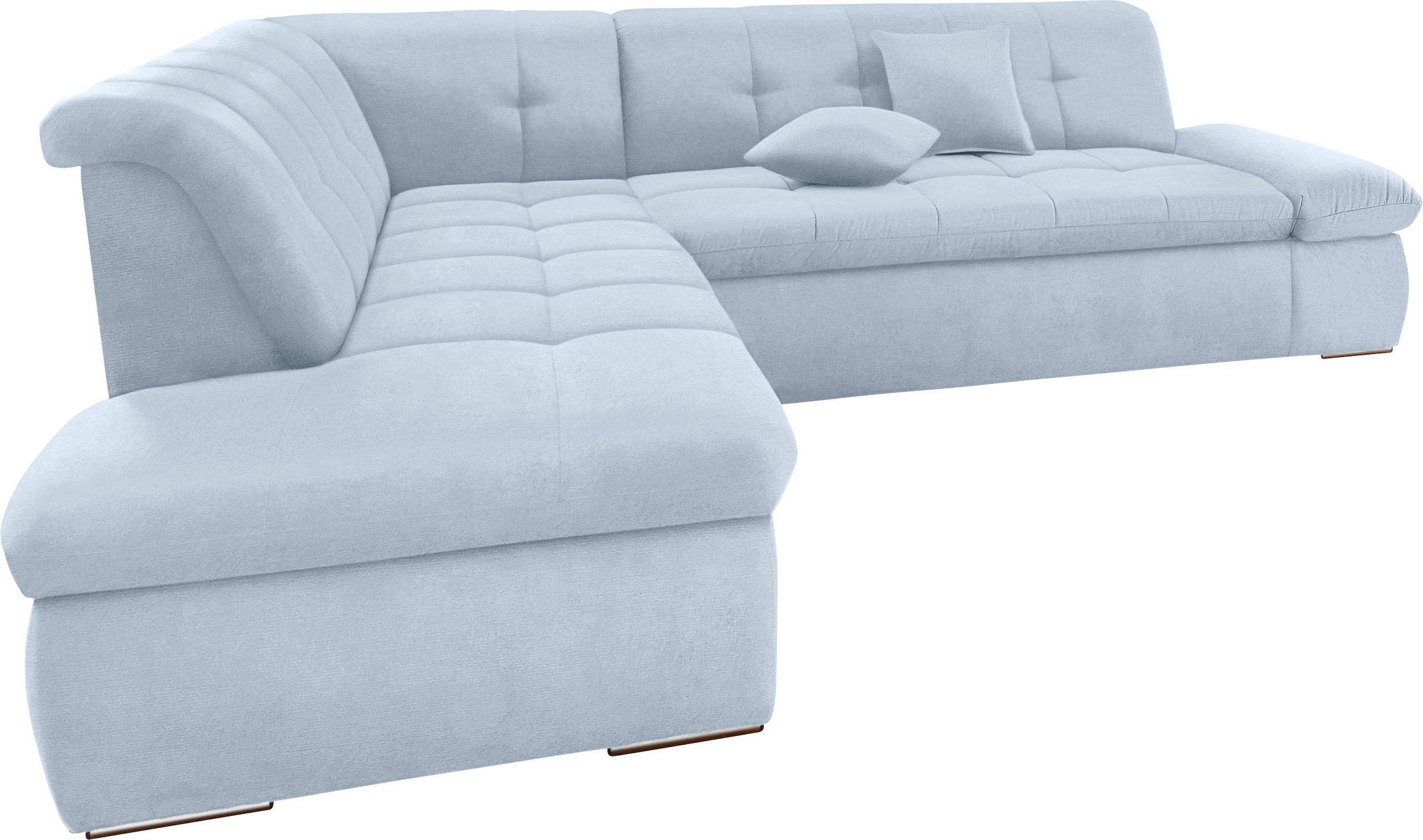 DOMO collection Ecksofa »NMoric incl. Zierkissen B/T/H: 273/216/80 cm L-Form«, Ottomanen-Abschluss, wahlweise mit Bettfunktion und Armlehnverstellung