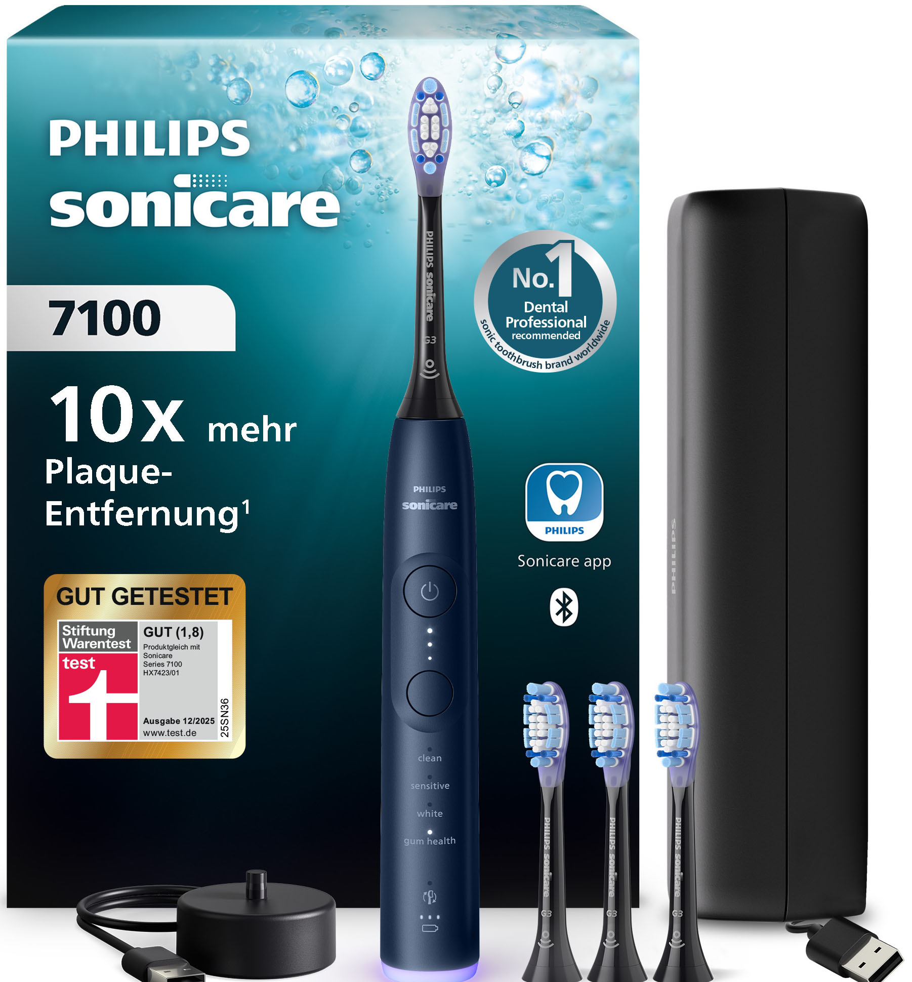 Philips Sonicare Elektrische Zahnbürste "Series 7100 HX7423/08" 4 Stk. Aufsteckbürsten mit visueller Andruckkontrolle, 4 Putzmodi und 3 Intensitätsstufen