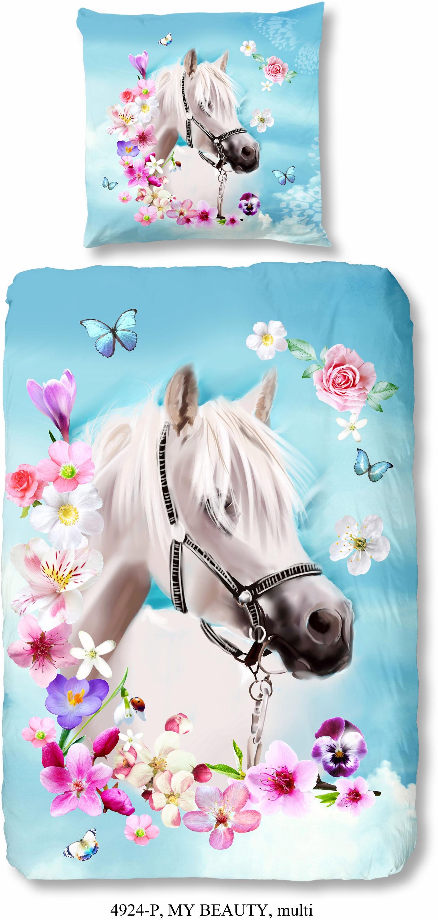 good morning Kinderbettwäsche »My beauty«, Baumwolle, 135x200, Reissverschluss, Wende, Kind, Mädchen, Pferd, Blau