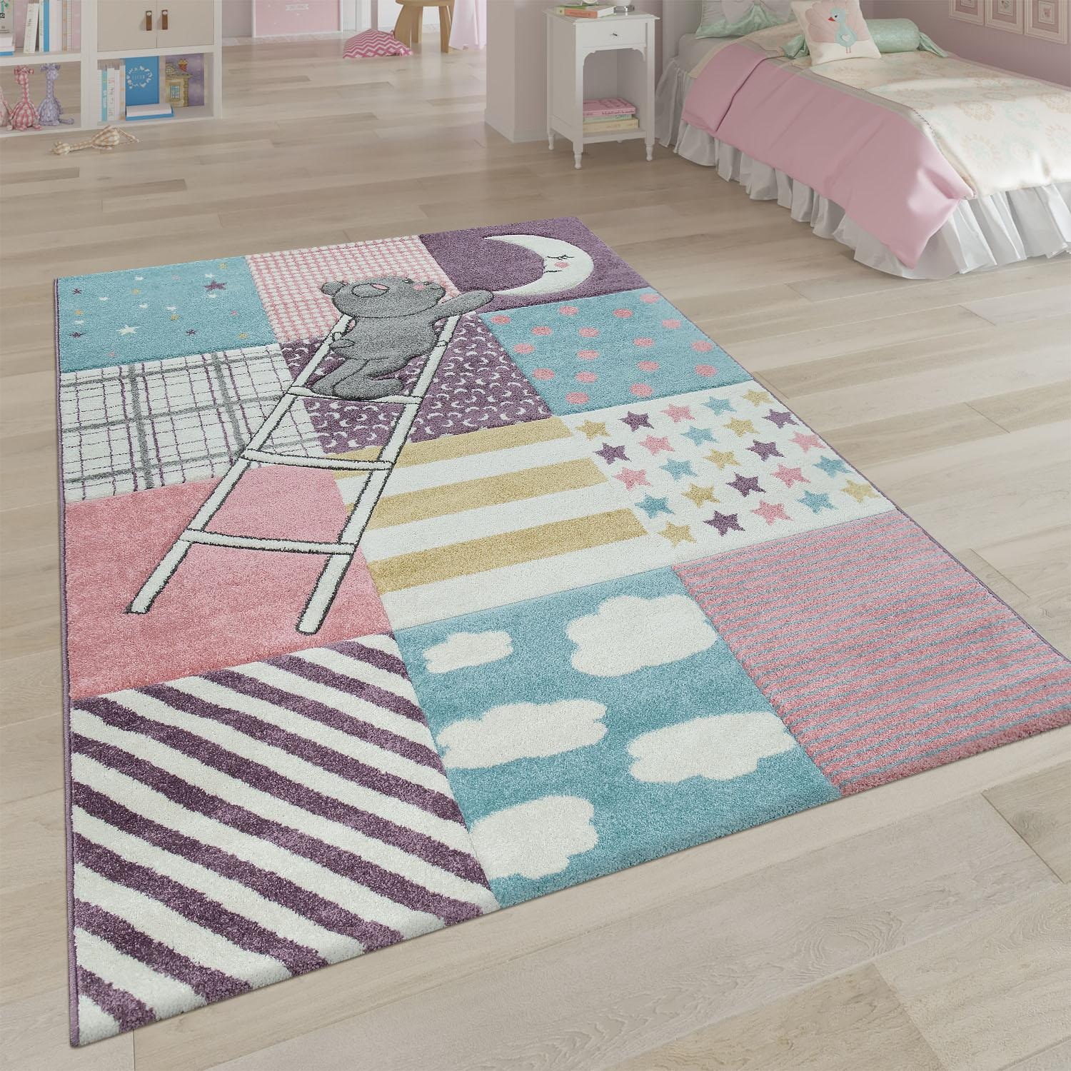 Paco Home Kinderteppich »Ela 399«, rechteckig, 17 mm Höhe, 3D-Design, Patchwork Muster, Motiv Bär, Sterne & Punkte, Kinderzimmer