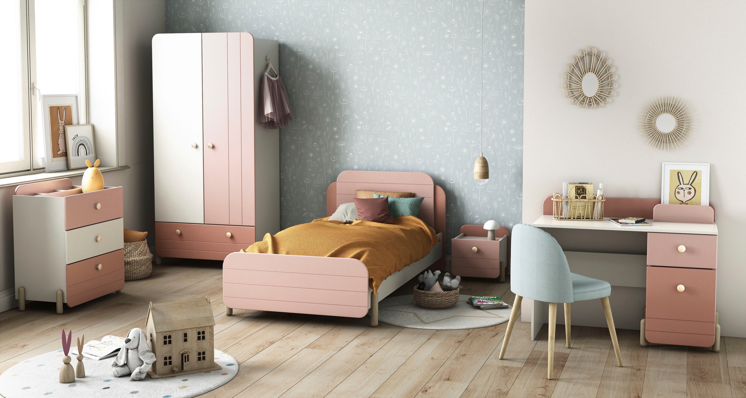 Demeyere GROUP Kinderschreibtisch "Jade" Schublade, Stauraum, Runde Knopfgriffe mit Roségold-Finish