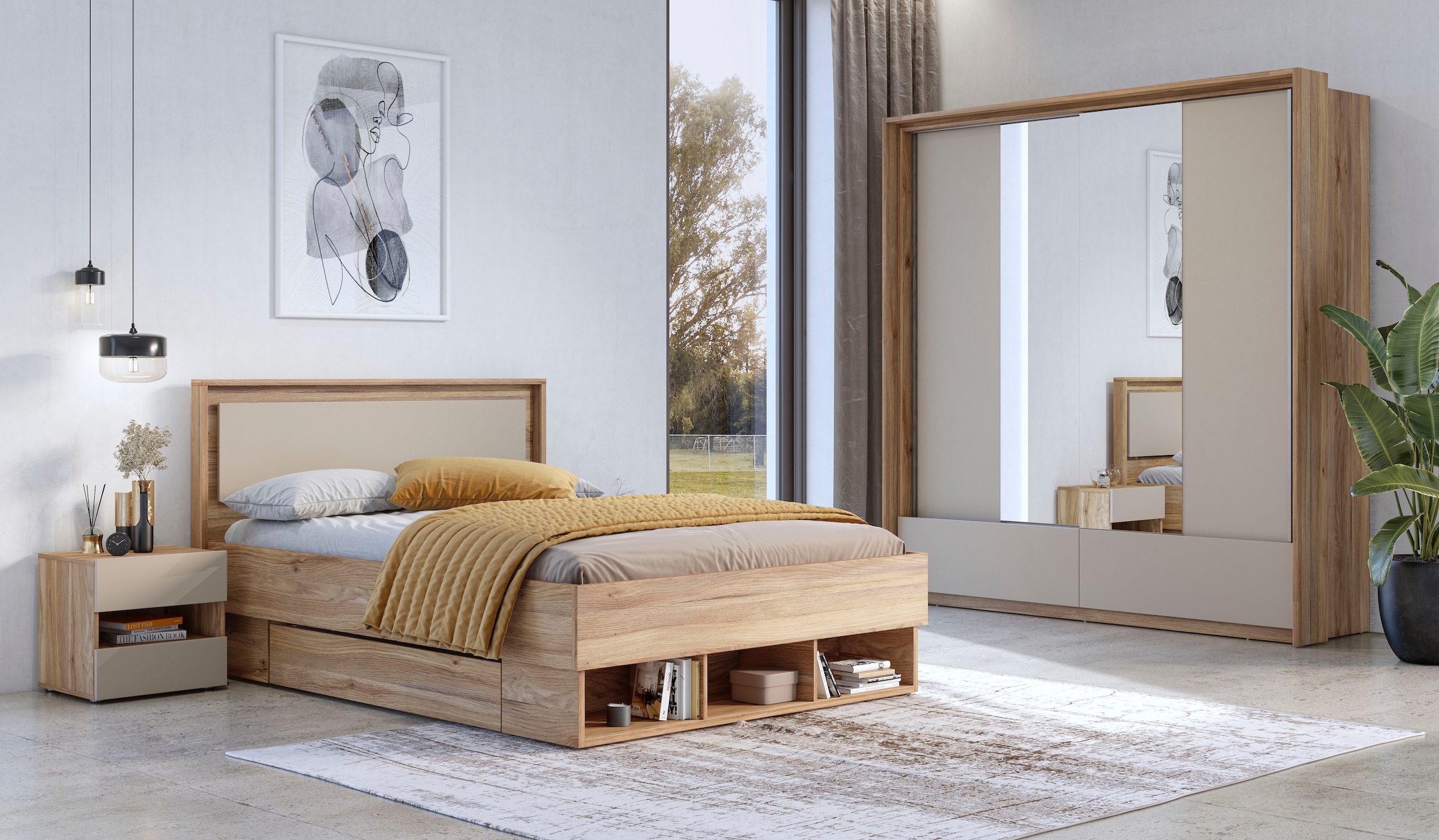 Home affaire Bettgestell »Wharton, 140, 160 oder 180cm Breite, Made in Europe«, (mit oder ohne Stauraumschubladen), Doppelbett mit offenen Regalen, FSC-zertifizierter Holzwerkstoff