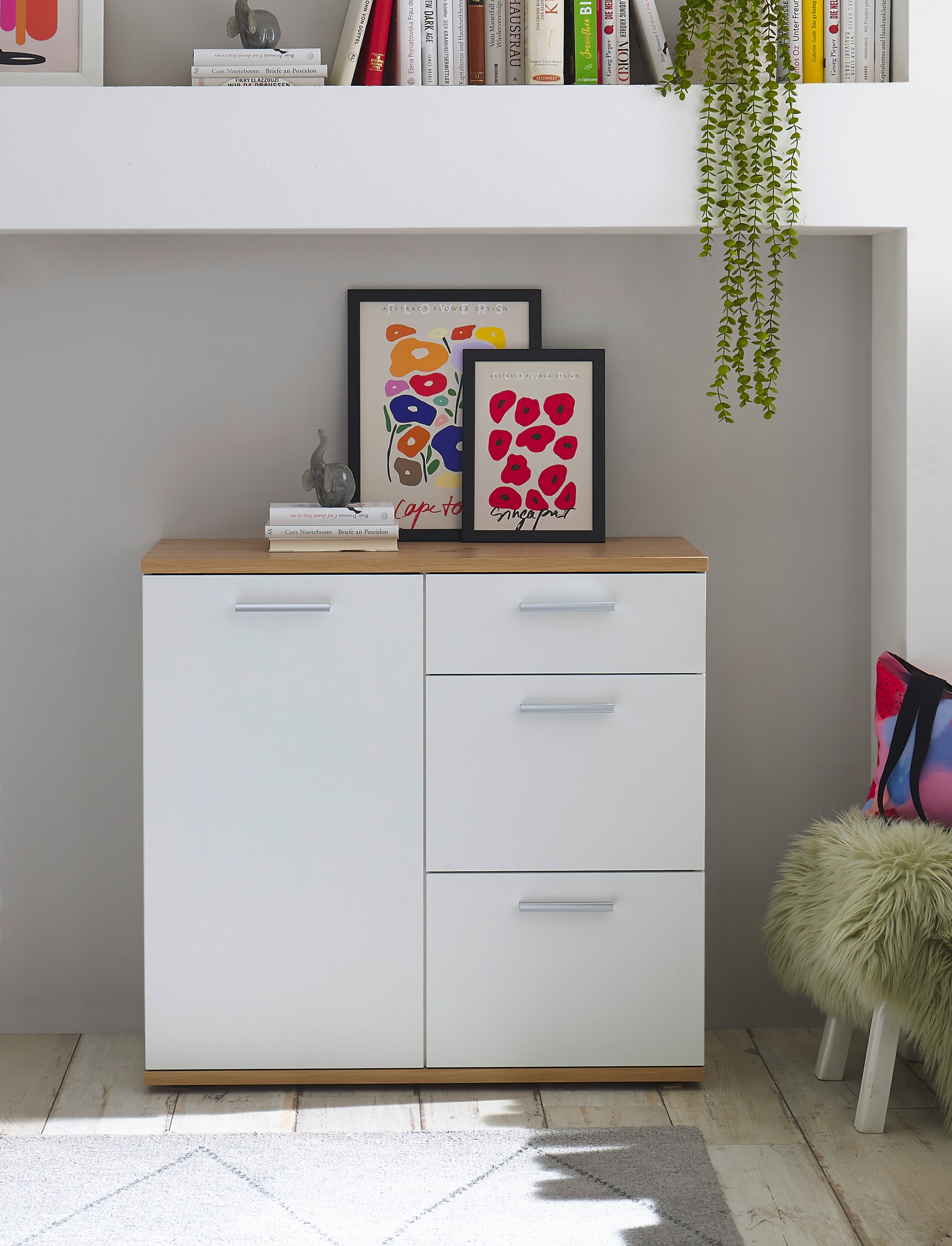 HBZ Kommode »BC1035 weiss matt, BxHxT 95x86x38 cm«, Kommode mit 1 Tür, 3 Schubkästen, 1 Einlegeboden