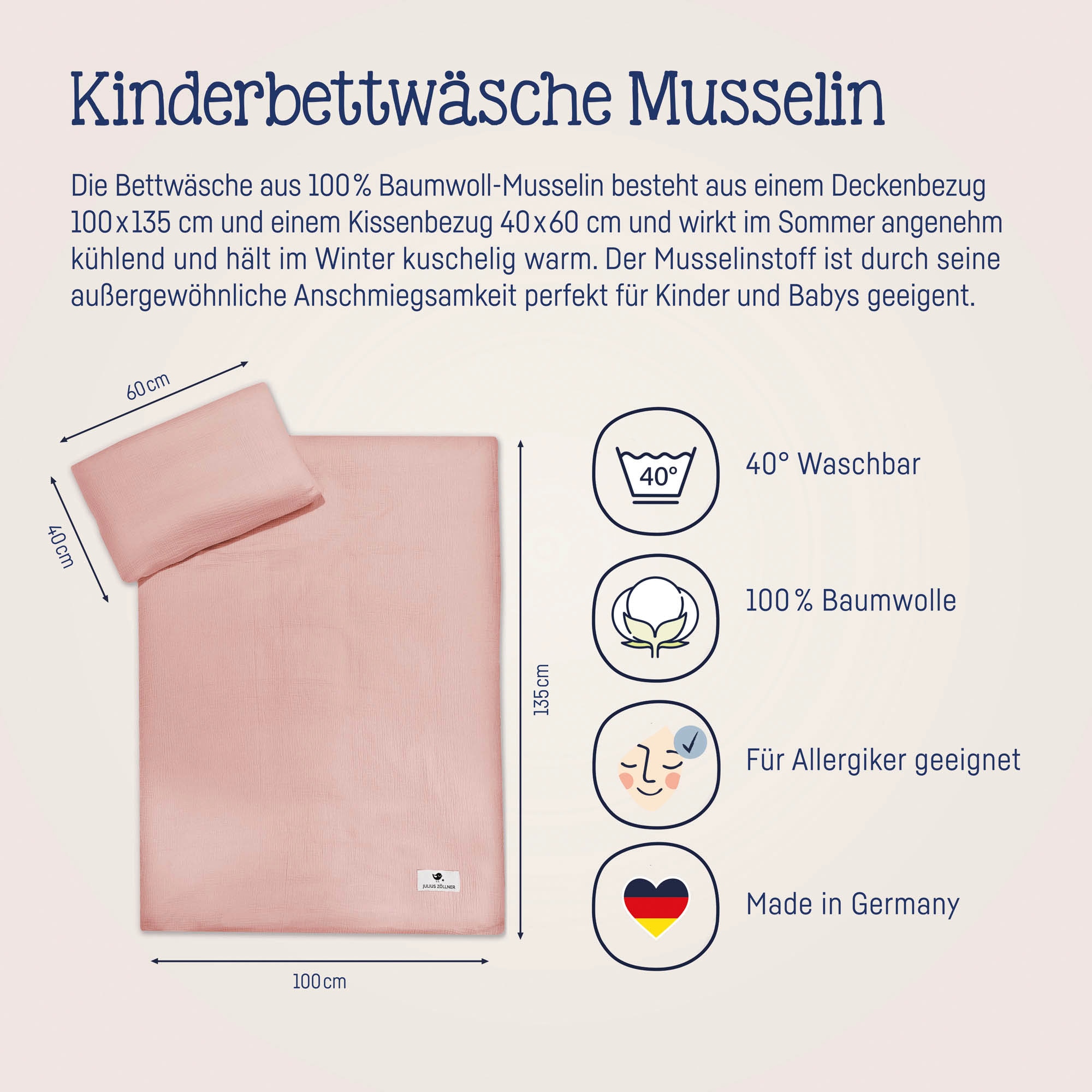 Julius Zöllner Kinderbettwäsche »Baby- und Kinderbettwäsche aus 100% Musselin«, erhältlich in den Grössen 80x80+35x40cm und 100x135+40x60cm