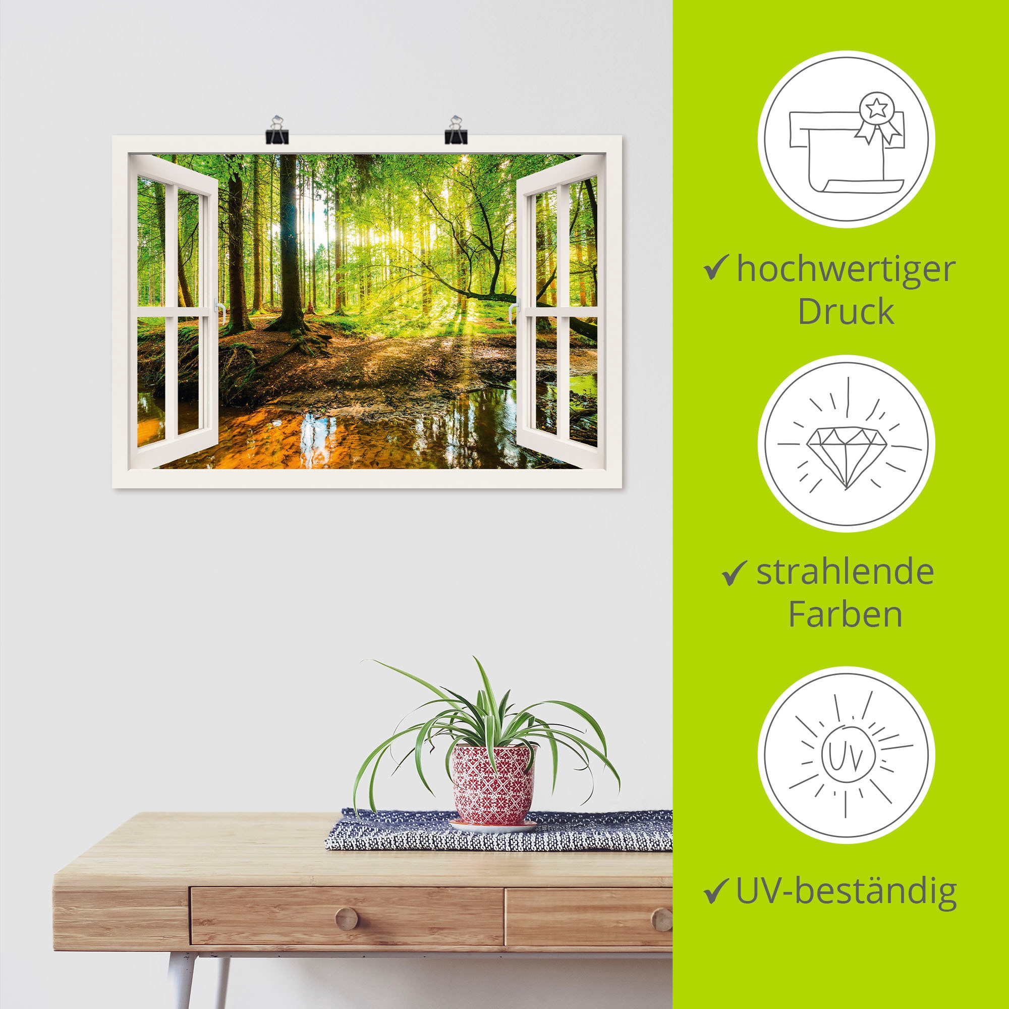 Artland Wandbild »Fensterblick - Wald mit Bach«, Wald, (1 St.), als Leinwandbild, Poster, Wandaufkleber in verschied. Grössen