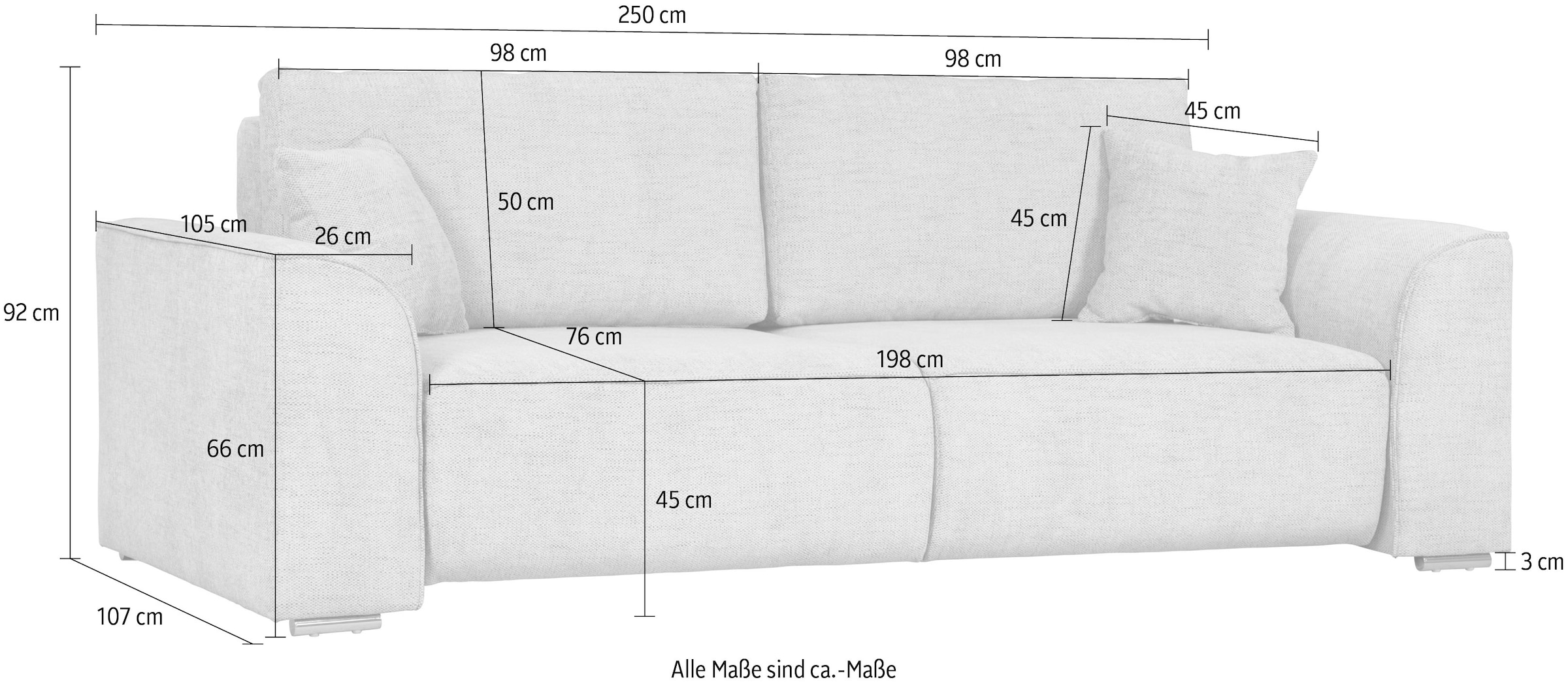 INOSIGN 3-Sitzer Beatrice Schlafsofa, wahlweise auch mit Bettfunktion und Bettkasten, incl. 2 Zierkissen