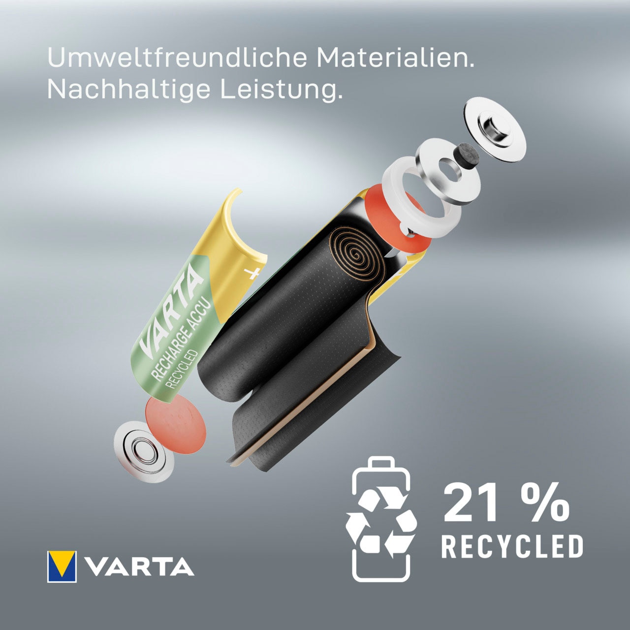 VARTA wiederaufladbare Batterien »wiederauflaudbare Akkus«, 1,2 V, (Packung, 4 St.), VARTA Recharge Accu Recycled, Ready-To-Use vorgeladener AAA Micro Ni-MH Akku (4er Pack, 800mAh) - aus 11% recyceltem Material - wiederaufladbar ohne Memory Effekt