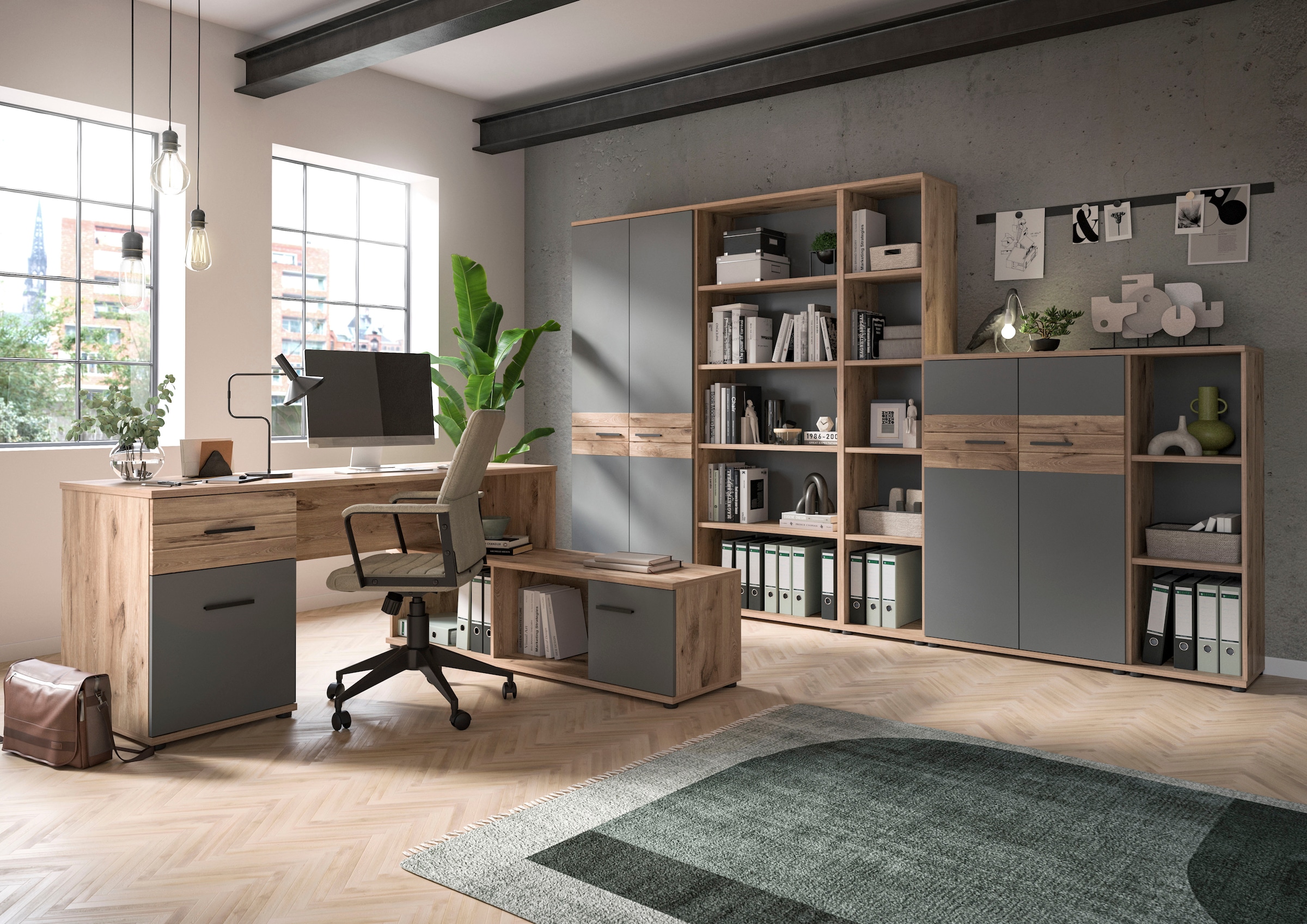 INOSIGN Eckschreibtisch »Riga, Breite 170cm, in Nox Oak Nachbildung und Basalt grau«, Bürotisch, Schreibtisch, Ecktisch, Arbeitszimmer, Computertisch