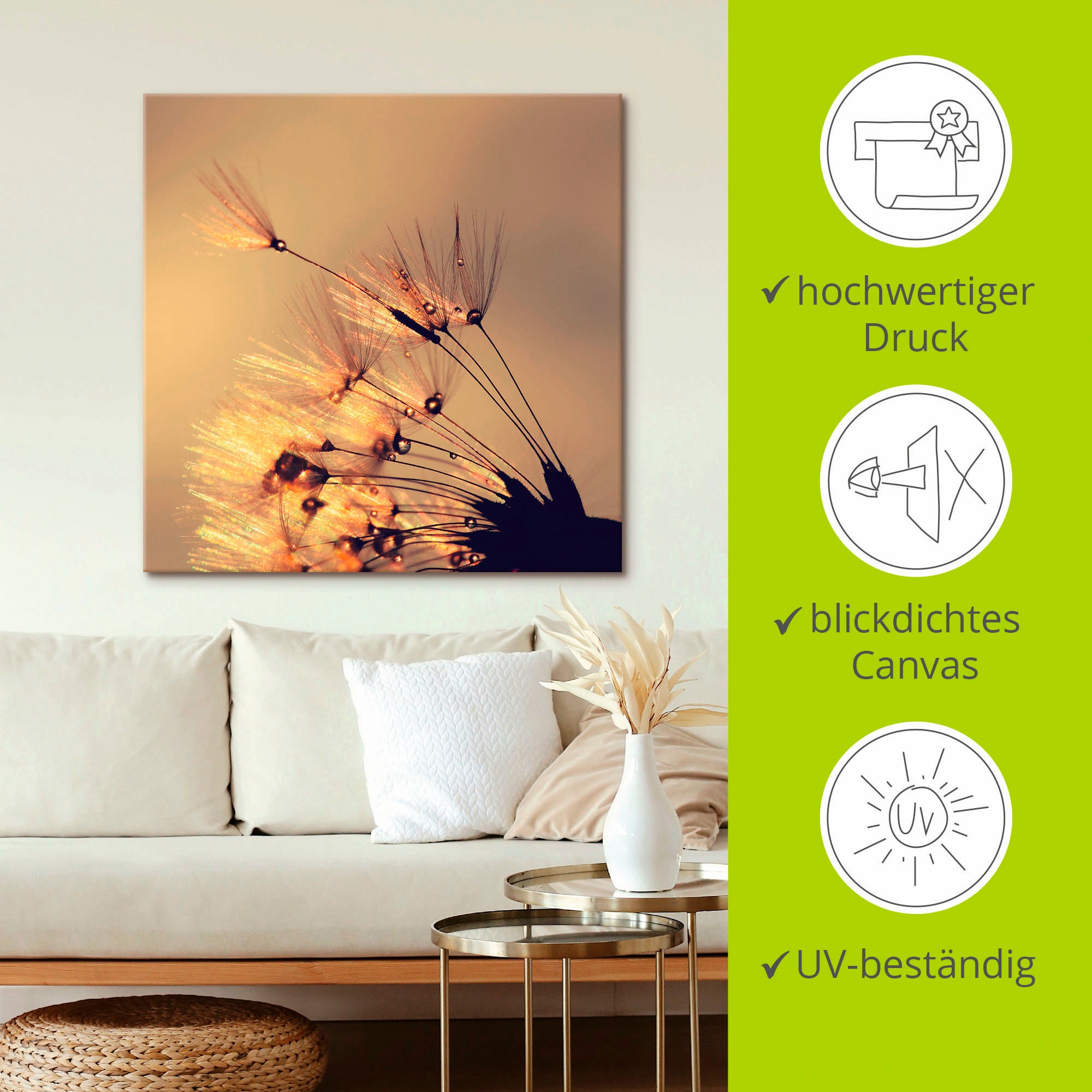 Artland Leinwandbild »Pusteblume Goldene Schirmchen«, Blumen, (1 St.), auf Keilrahmen gespannt