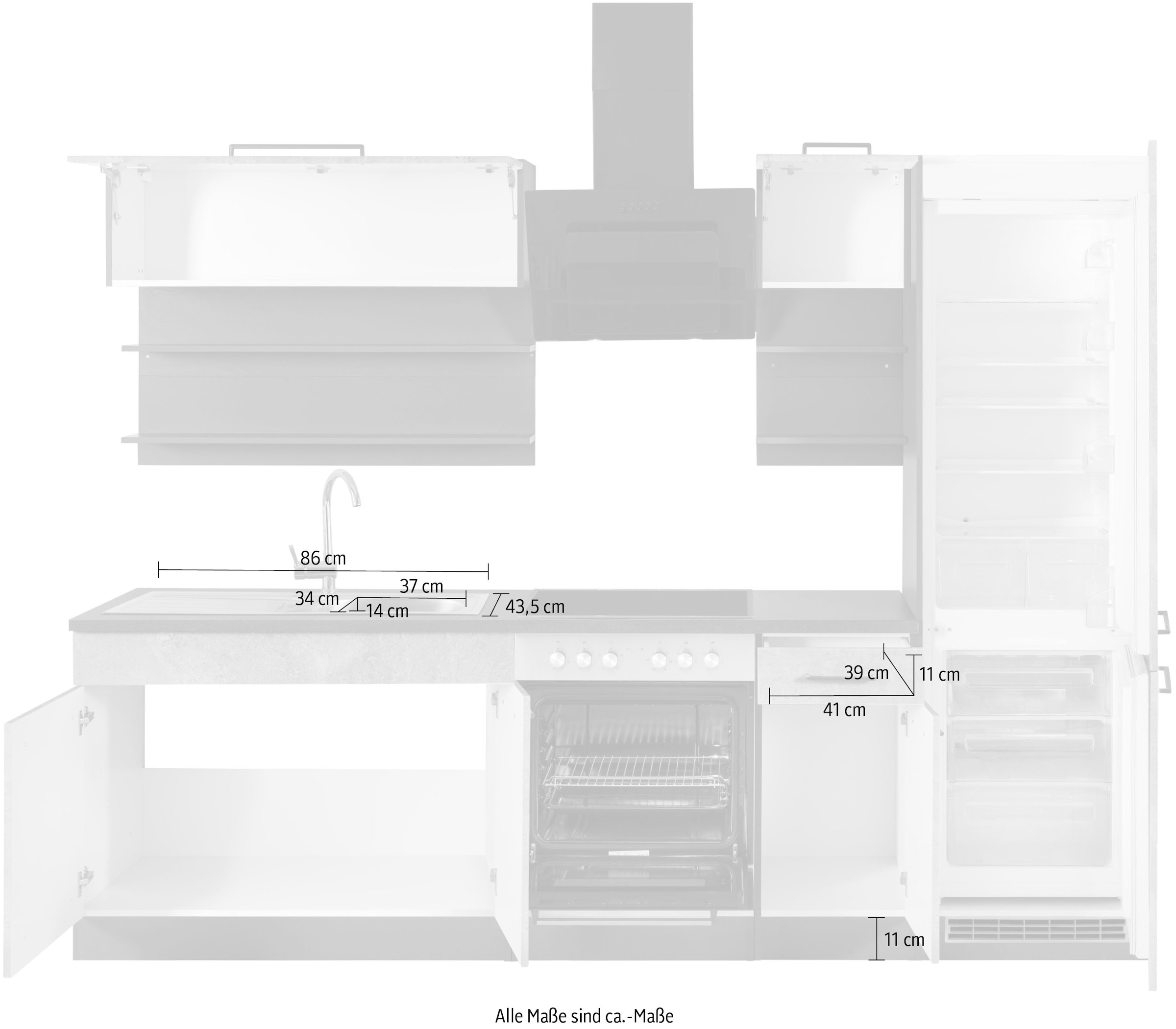 KOCHSTATION Küchenzeile »KS-Tulsa«, ohne E-Geräte, Breite 270 cm, schwarze Metallgriffe, MDF Fronten