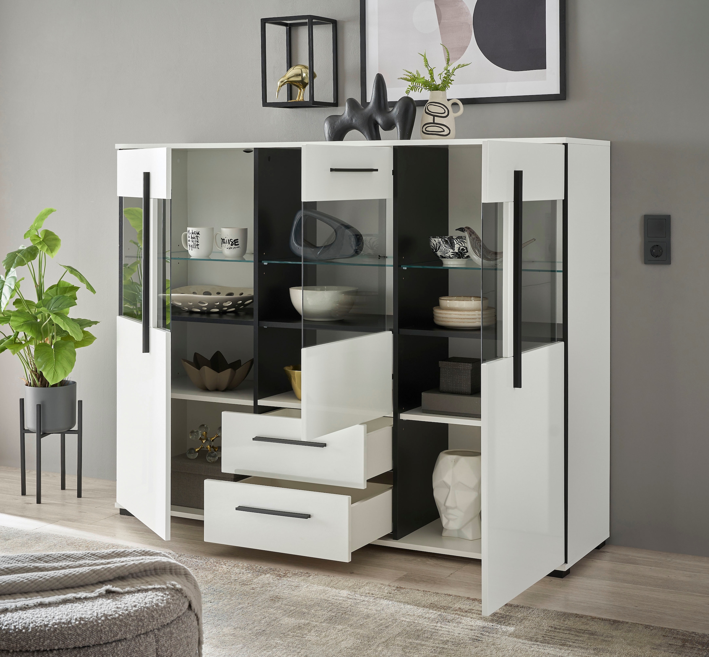 INOSIGN Highboard »Cantara, moderner Schrank, Vitrine in Eiche Dekor oder weiss«, schwarze Stangengriffe, ausreichend Stauraum, vielseitig einsetzbar